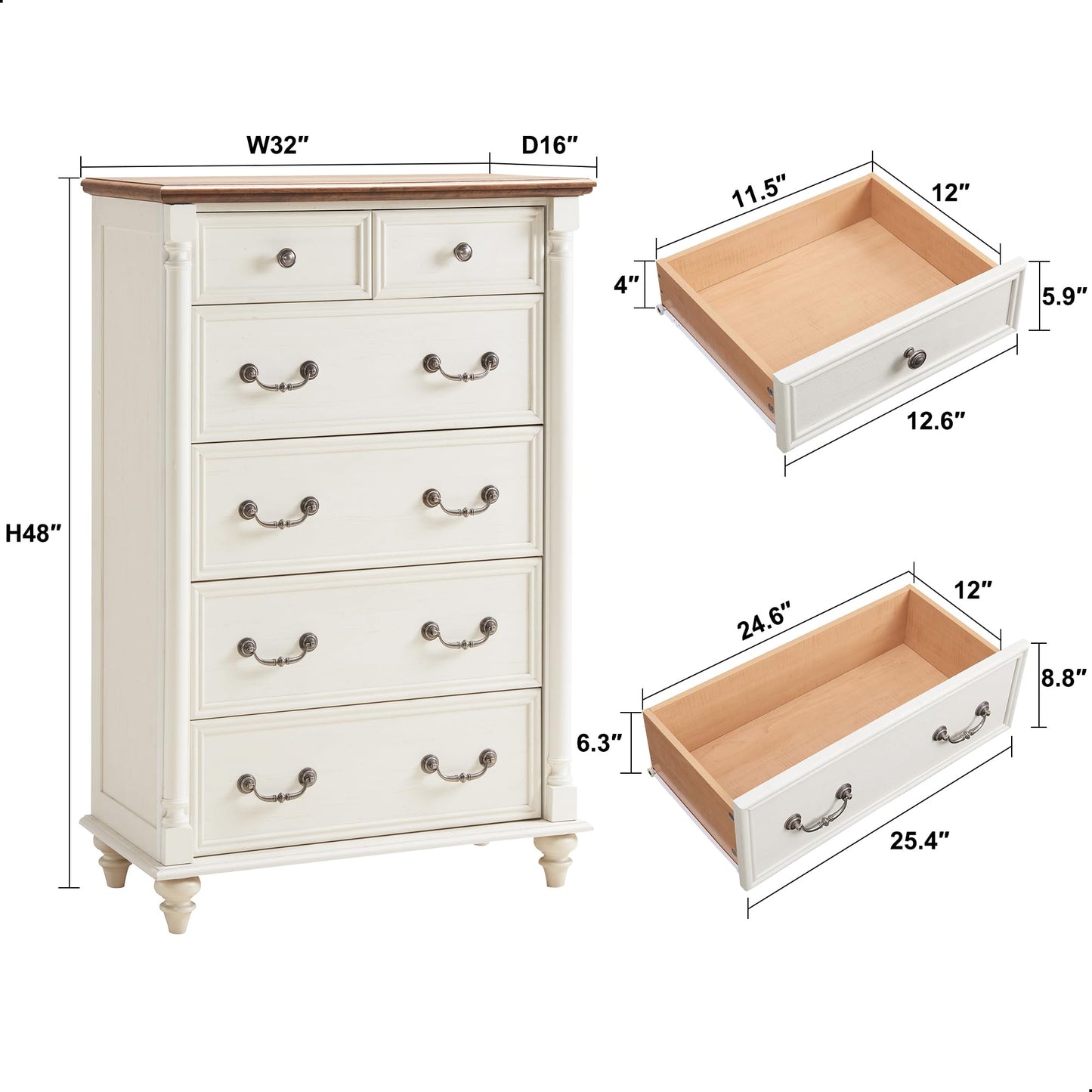 T4TREAM Farmhouse 6 Drawers Dresser Chests for Bedroom w/4 Solid Wood Feet &Column Decor, Tall Wood Rustic Chest of Drawers, Storage Dressers Organizer for Bedroom, Living Room, Nursery, Antique White