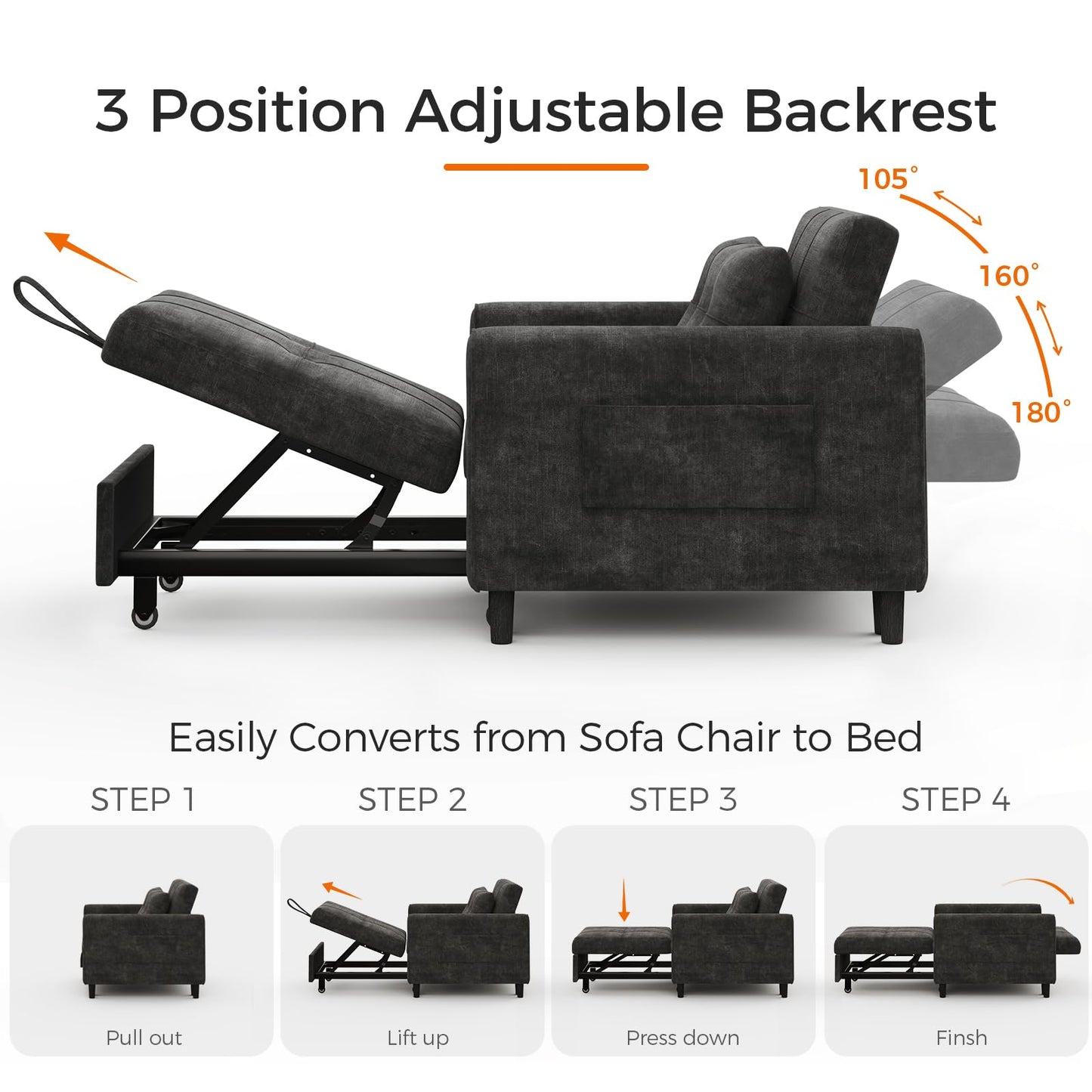 Casaottima Sleeper Chair with Pull Out Bed, Convertible 3-in-1 Lounge Chair with Adjustable Backrest, Chenille Sleeper Sofa for Living Room, Black