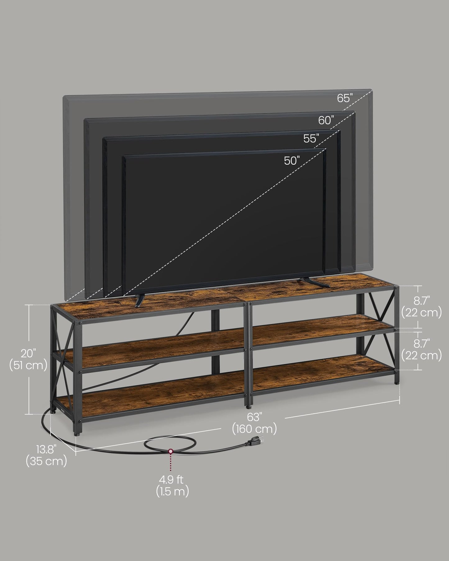 VASAGLE TV Stand with Power Outlets and LED Lights, for TVs up to 65 Inches, Entertainment Center with Open Storage Shelves, TV Console Table for Living Room, Rustic Brown and Ink Black ULTV118K01