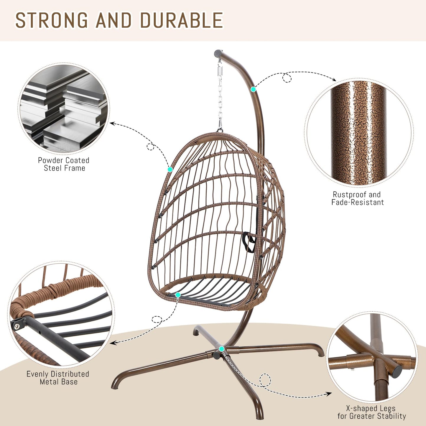RADIATA Wicker Egg Swing Chair with Stand for Outside, Outdoor Comfy Hanging Egg Patio Chairs with Thick Cushion, 350Lbs Durable Swinging Rattan Chair for Bedroom Porch Backyard Balcony, Brown, Tan
