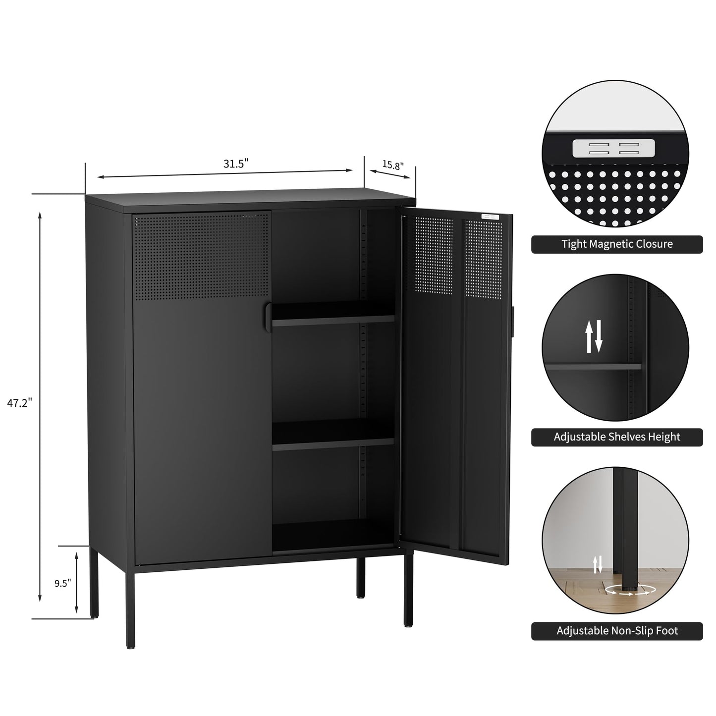 Ustamio Black Metal Storage Cabinet, Metal Locker Storage Cabinet with Doors and Shelves, 3 Tier Steel Office Storage Cabinet, Metal Sideboard for Home, Office, Kitchen and Coffee Bar
