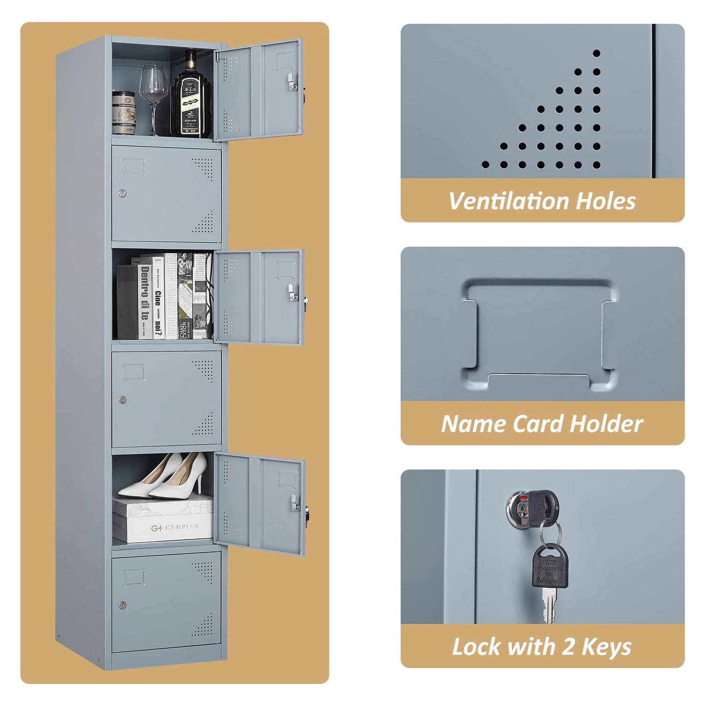 SISESOL Metal Locker Storage Cabinet with Doors and Shelves Metal Lockers with 6 Doors,71" Lockable Small Locker Storage Cabinet for Employees,School, Office, Home, Gym (Gray)
