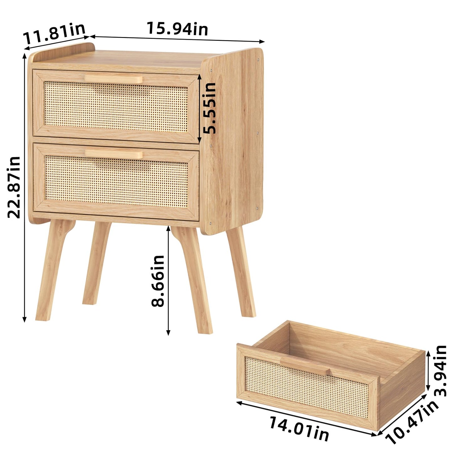 Lerliuo Rattan Nightstands Set of 2, Boho Night Stand with 2 Drawers, Cane Accent Side End Table, Bedside Table with Solid Wood Legs for Bedroom, Dorm and Small Spaces (Natural)