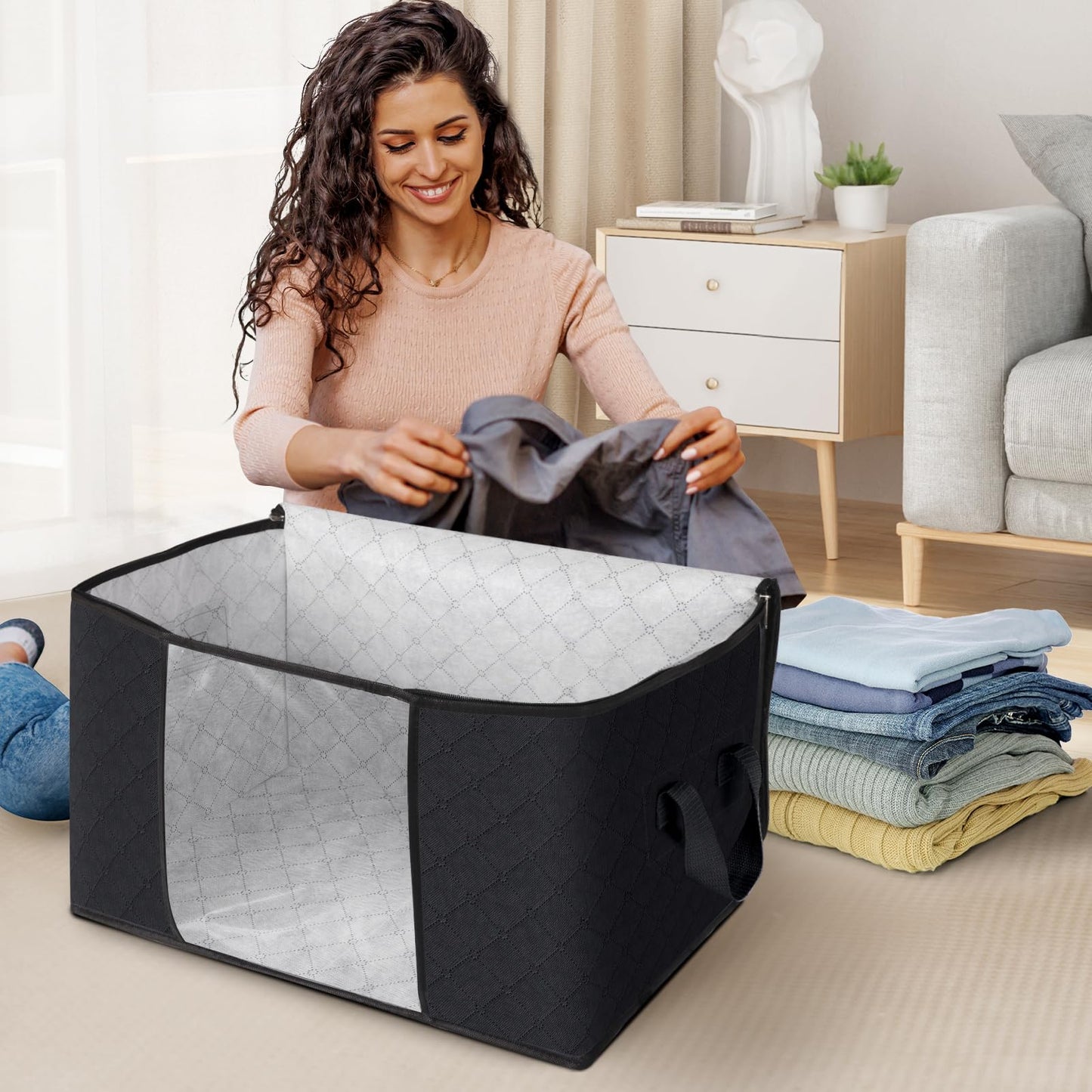 Fab totes 6 Pack Clothes Storage, Foldable Thick Fabric Blanket Storage Bags, Containers for Organizing Bedroom, Closet, Clothing, Comforter,Closet Organization with Handle,Black