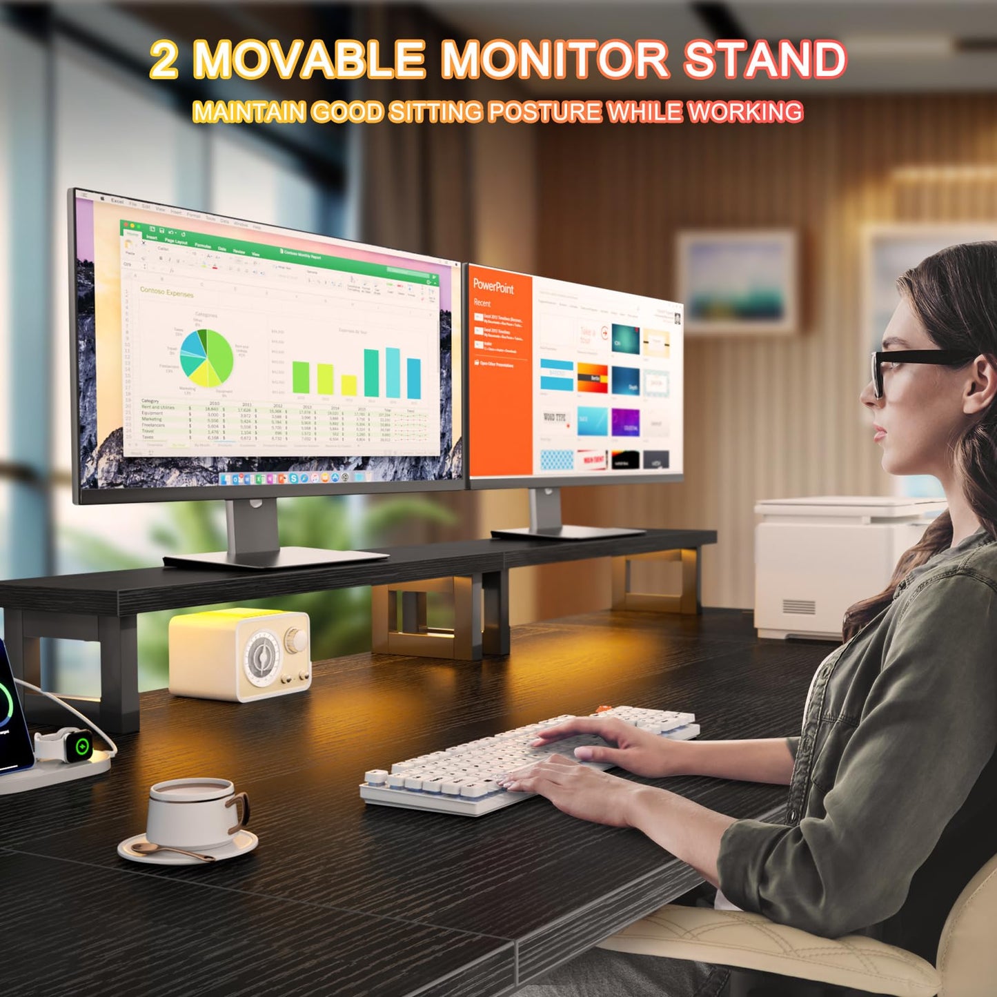 Korfile 93" Two Person Office Desk, Long Computer Gaming Desk with Power Outlets & LED Lights, Large Home Office Desk with 4 Storage Drawers & 2 Monitor Stand for Work Writing Study
