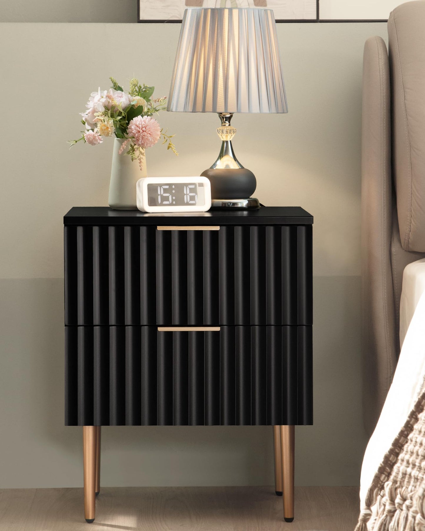 SICOTAS Black Night Stand Set 2, Wide Fluted Nightstand with 2 Drawers, Modern Glossy Storage Bedside Table for Bedroom, End Side Table with Golden Metal Legs and Handles