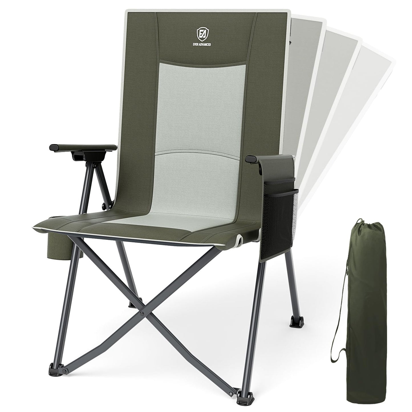 EVER ADVANCED Reclining Camping Chairs for Adult Lightweight, Folding Recliner Chair with Adjustable Back, 4-Level Lounge Chairs, Portable Lawn Chairs for Patio Balcony, Supports 350lbs Green