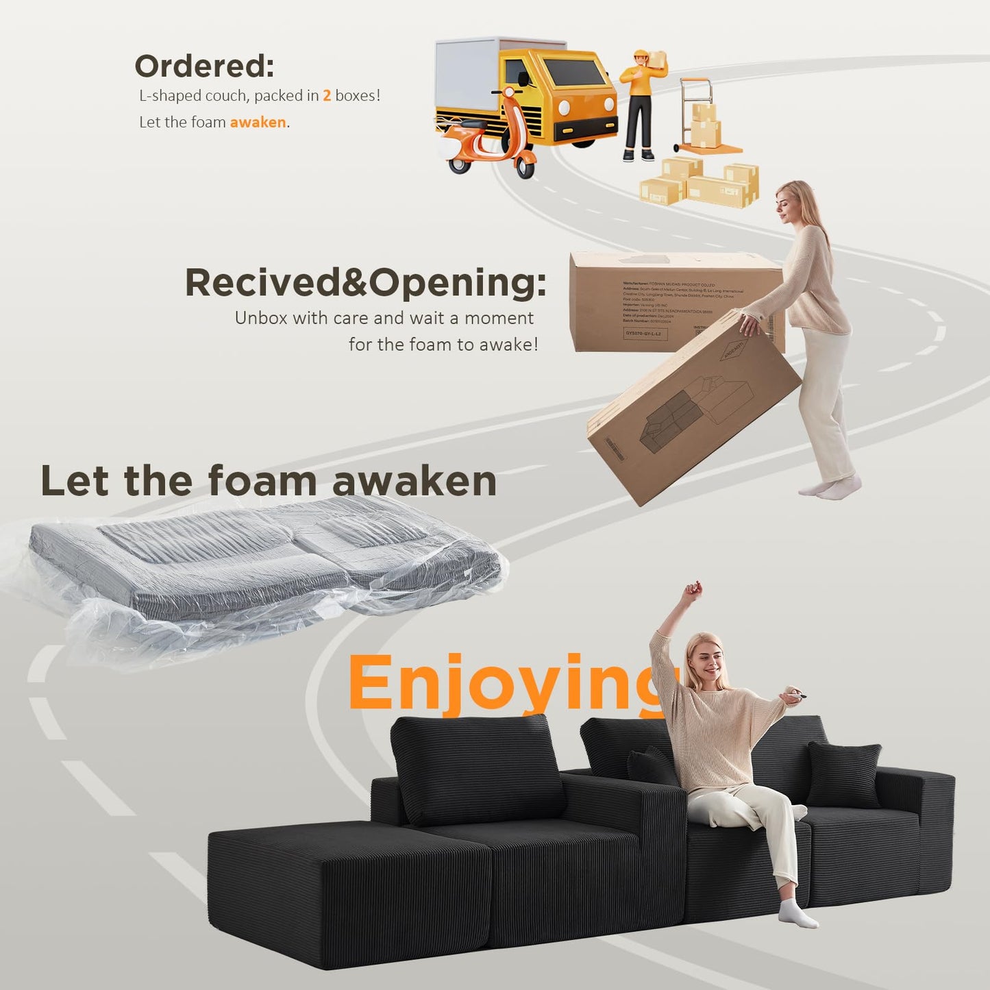 INGEROOM 108" Cloud Sectional Couch, Modular Sectional Sofa with L-Shaped Chaise, Modern Plush Corduroy Couch for Living Room Bedroom（Black）
