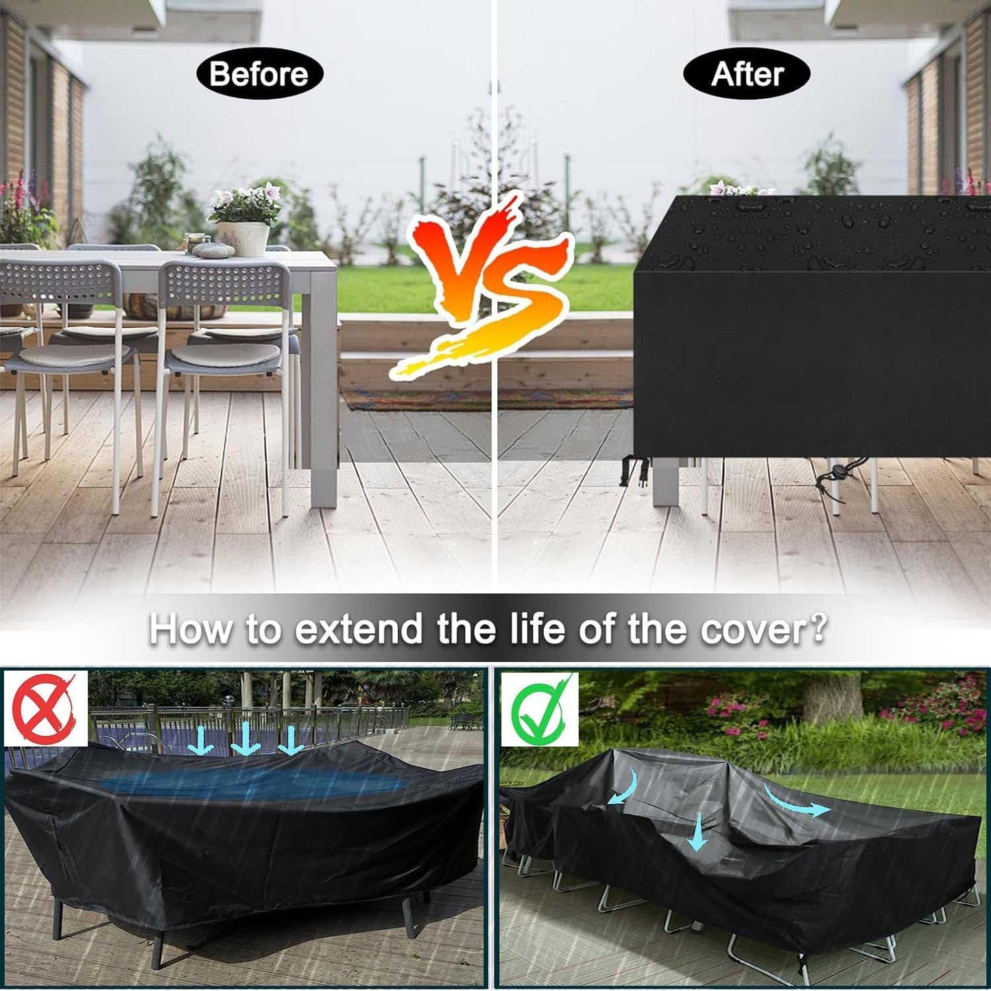 Patio Furniture Covers Outdoor Table Cover Waterproof Rectangular 420D Garden Dining Table Cover Wind Dust Proof Anti-UV Patio Sectional Couch Cover Table and Chair Set Covers 90"Lx65"Wx28"H Black