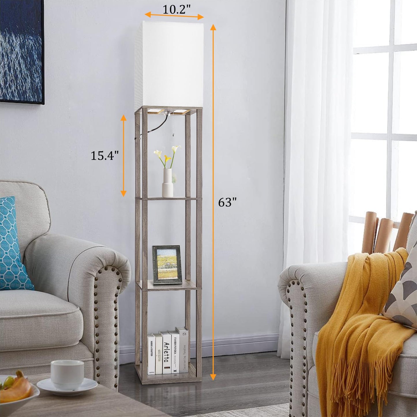 Floor Lamp with Shelves，Wood Corner Floor Lamps for living room tables with 3 CCT LED Bulb,Modern Display Bookshelf Nightstand Lamps,Column Standing Lamp for Bedroom Office Home Decor-Rustic Wood