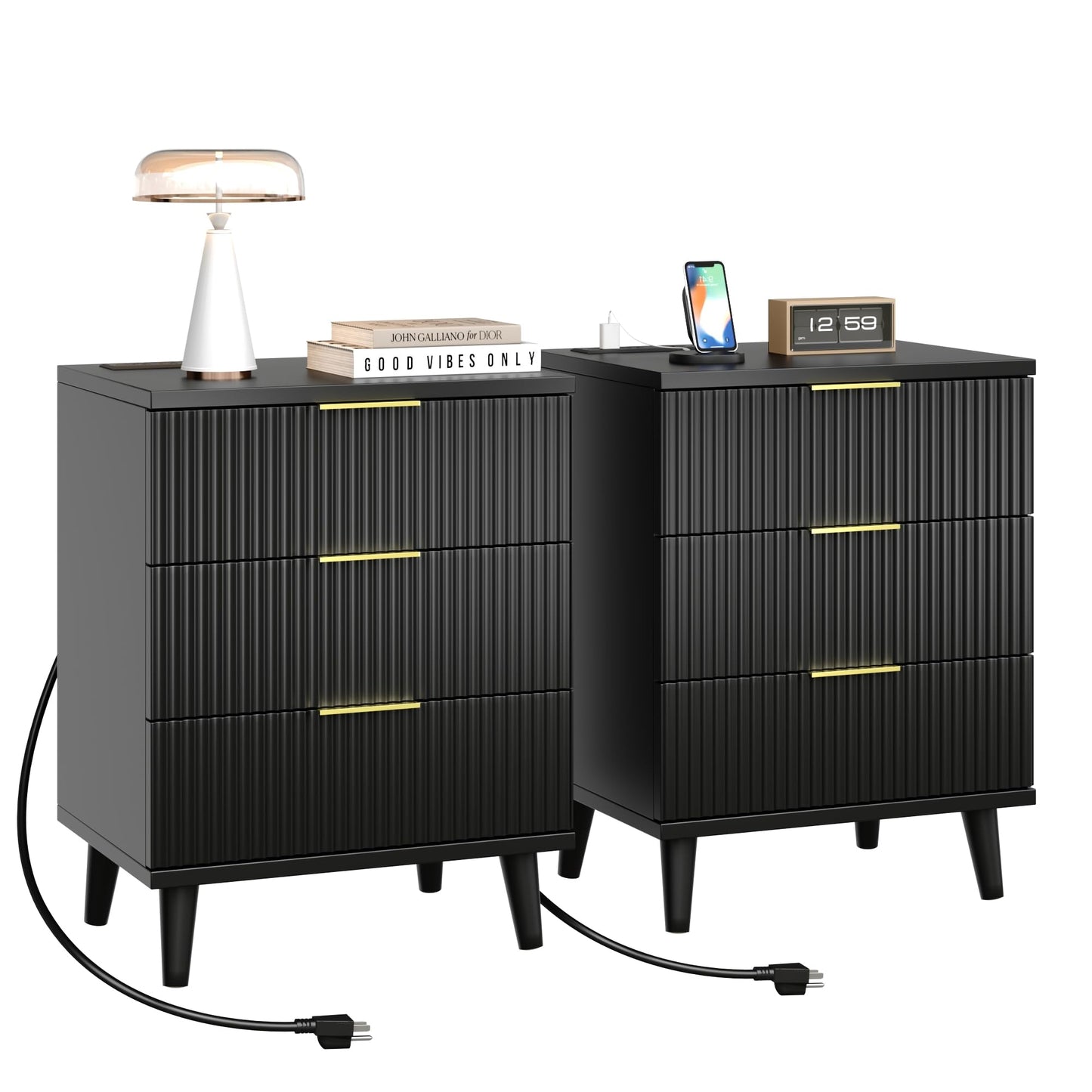 QIPAKA Fluted Night Stand Set of 2 with USB Charging Station, 3-Drawer Dresser Black Wood Moden Night Stand Bedside Table with Quiet Drawers & Large Storage End Table for Bedroom