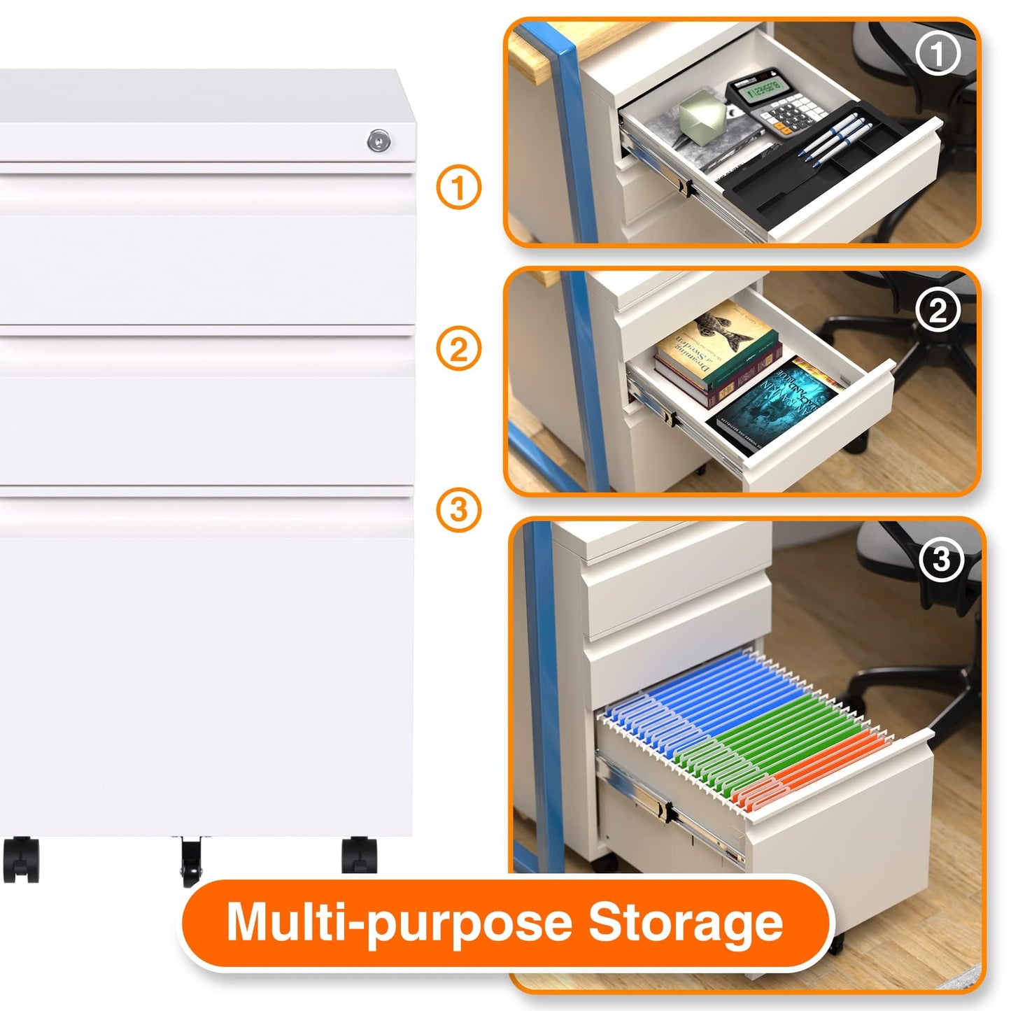 Reemoon 3 Drawer Metal Rolling File Cabinet with Lock, Under Desk Mobile Filing Storage Cabinet for Home Office School, Required Assembly, White