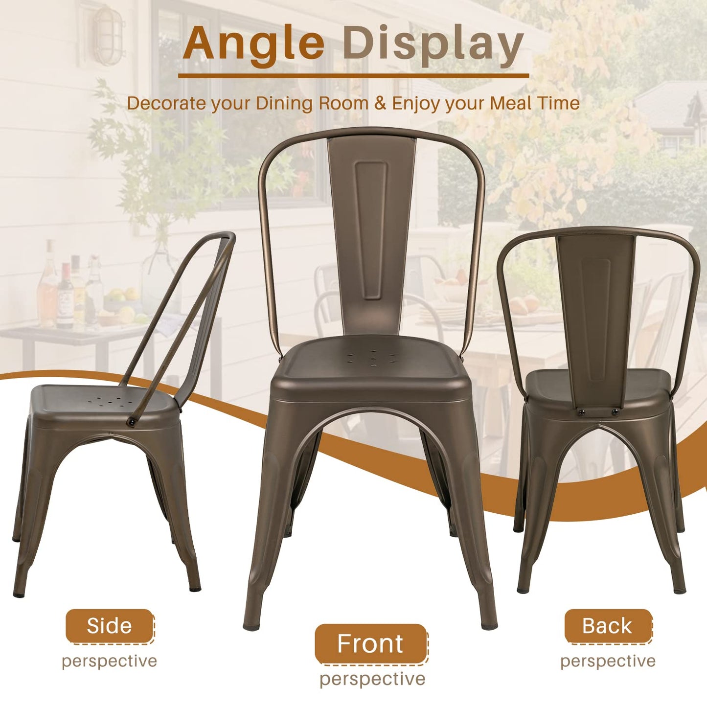 Furmax Metal Dining Chair Indoor Outdoor Use Stackable Classic Trattoria Chair Chic Dining Bistro Cafe Side Metal Chairs Set of 4 (Gun)