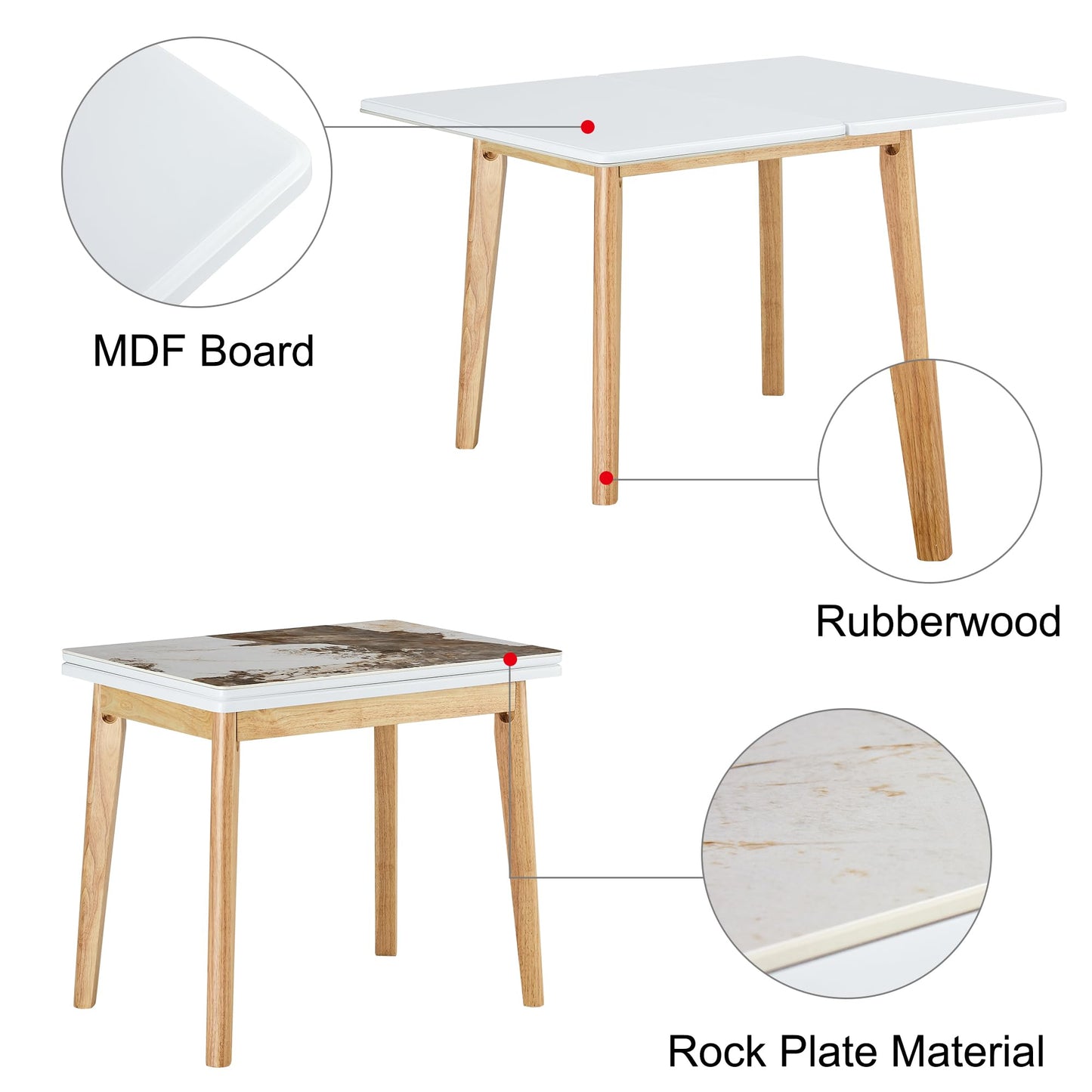 MEMUY 5 Piece Dining Table Set,Folding Dining Table with Chairs Set,35.4-47.2" Small Kitchen Table Set for 4,Marble Dining Table Set for 4 Space Saving,White Dining Room Table Set for 4,Apartment