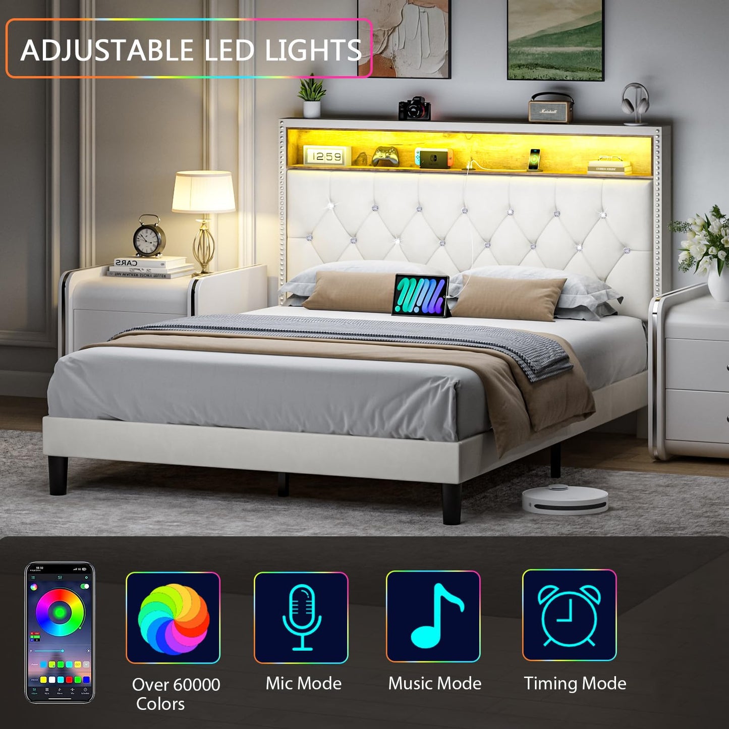 Queen Bed Frame with LED Lights, Velvet Upholstered Platform Bed with Storage Headboard and Charging Station, Queen Bed Frame with Diamond Design, Wood Slats Support, No Box Spring Needed, Beige