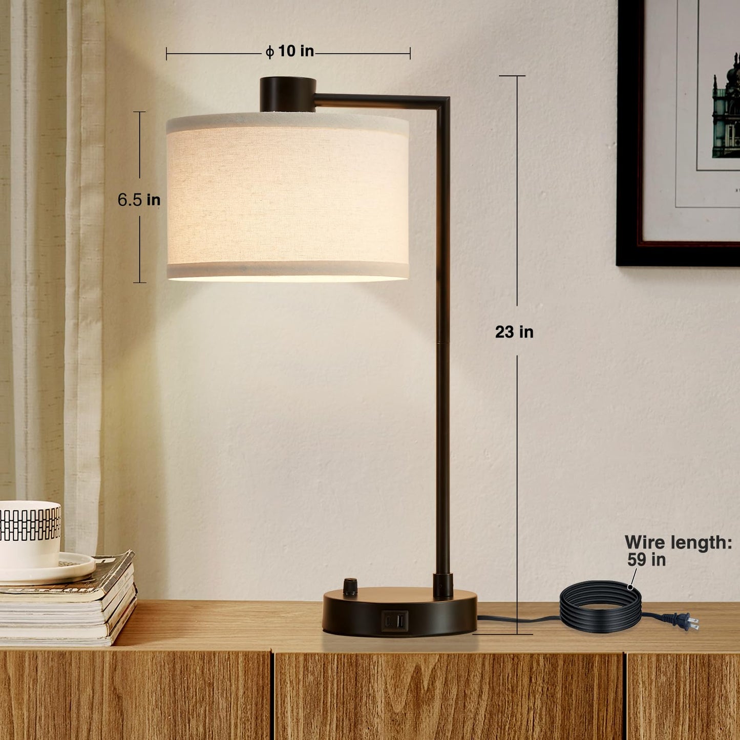 Luvkczc Table Lamp for Bedroom Set of 2 with USB C+A Ports, Fully Stepless Dimmable Bedside Lamp with Linen Lampshade, Contemporary Lamp for Living Room Reading Office, 2 LED Bulbs Included (Black)