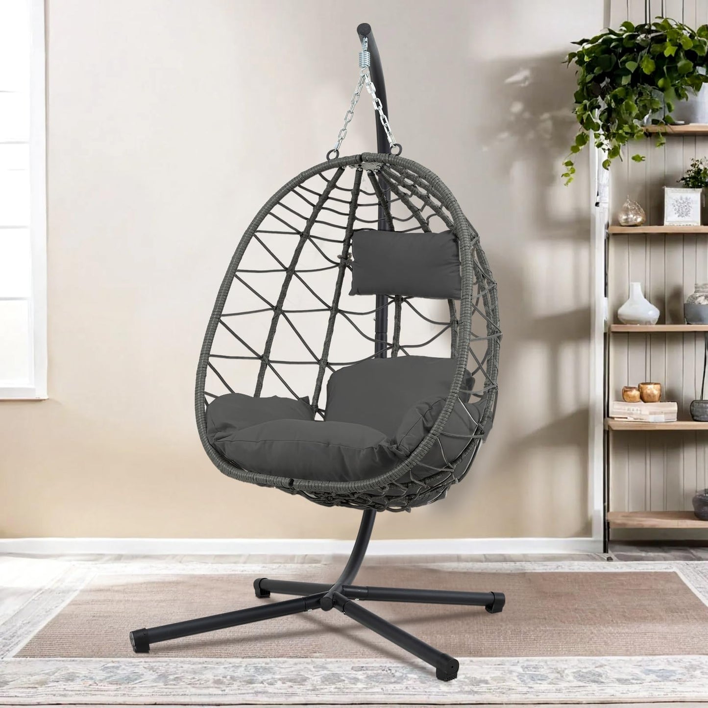 Hanging Egg Chair with Stand Egg Chair Indoor Outdoor, Patio Swing Hammock Egg Chairs, UV Resistant Removable &Washable Thicken Padded Cushions, 350LBS Capacity for Bedroom, Balcony, Garden, Dark Grey