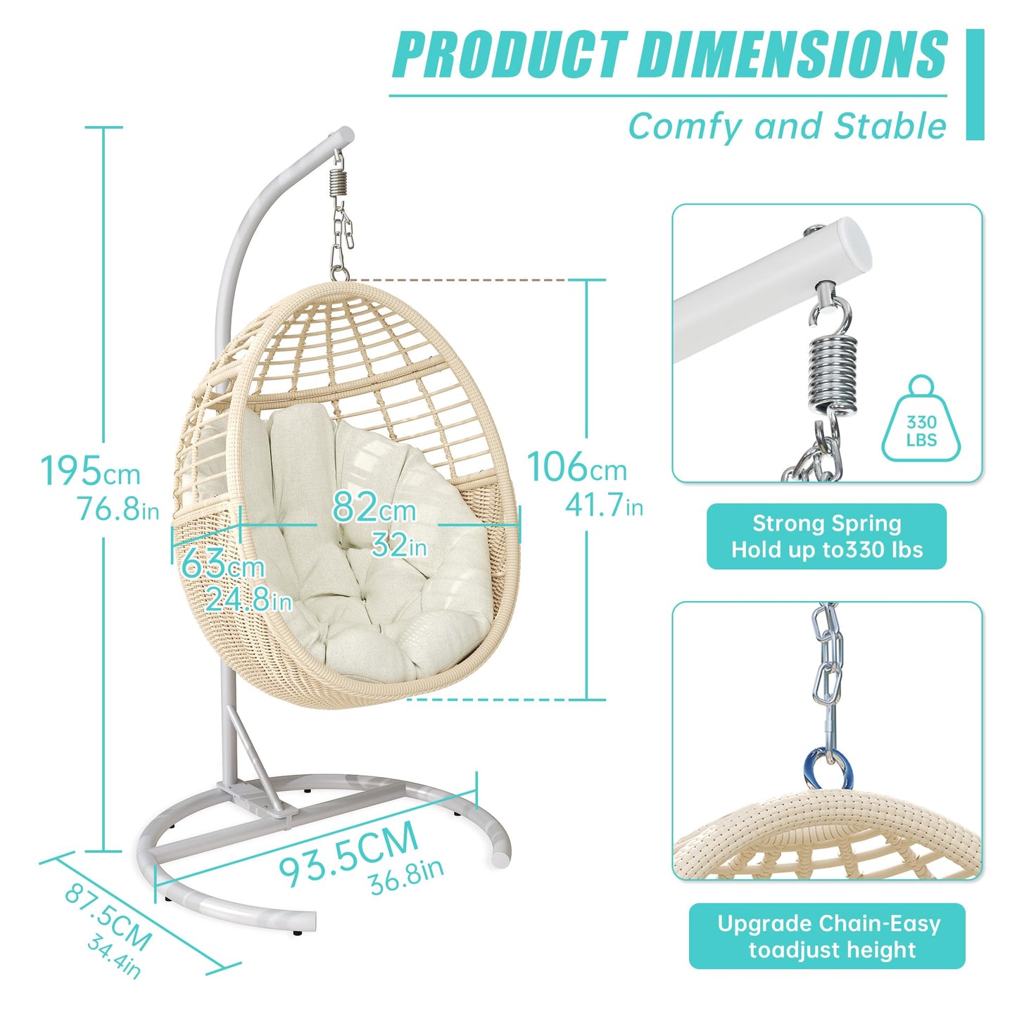 Erotr Egg Swing Chair with Stand: Hand Woven PE Rattan Hanging Chairs Hammock - Indoor Outdoor Swinging Lounger with Soft Cushion for 330lbs Patio Balcony Garden Living Room Bedroom Porch, Beige