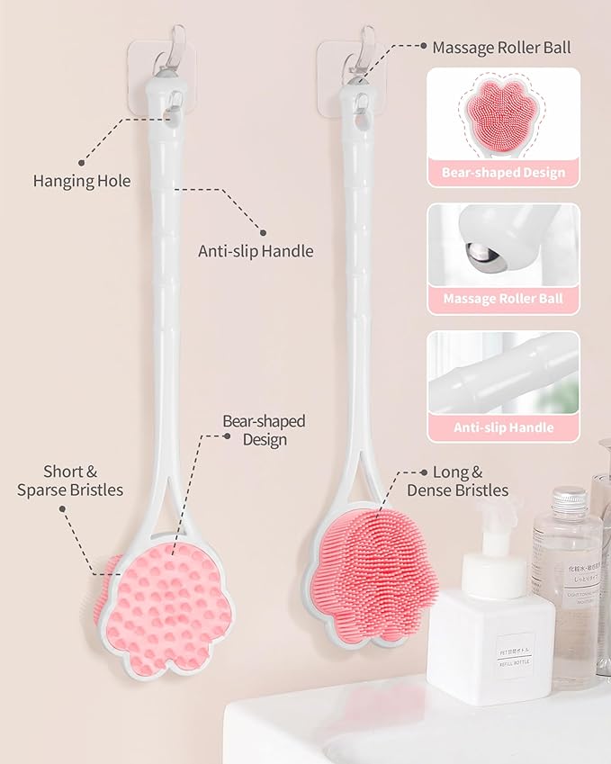 Manmihealth 15.7" Cute Silicone Back Scrubber with Long-Handle, Dual Use Back Brush for Shower with Super-Soft Silicone Bristles, Paw-Shaped Shower Body Scrubber for Sensitive Skin(Pink)