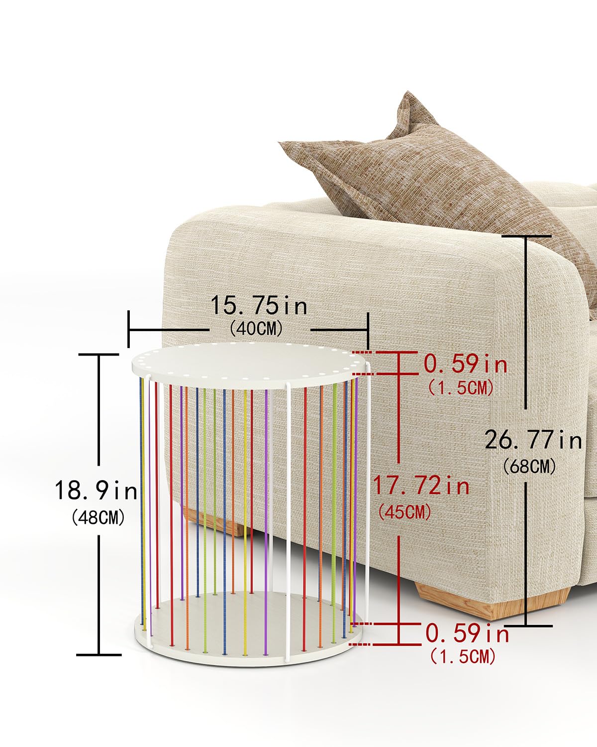 KJGKK Round Side Table, Circle End Table with Elastic Rope and Wire Frame, Modern Nightstand, for Living Room, Bedroom, Color & White
