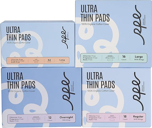 100% Organic Cotton Pad Bundle - Size 2,3,4,5 Period Essentials - Unscented Sanitary Pads Variety Pack - Regular, Large, Overnight & Long Panty Liners (Total 78 Ct)