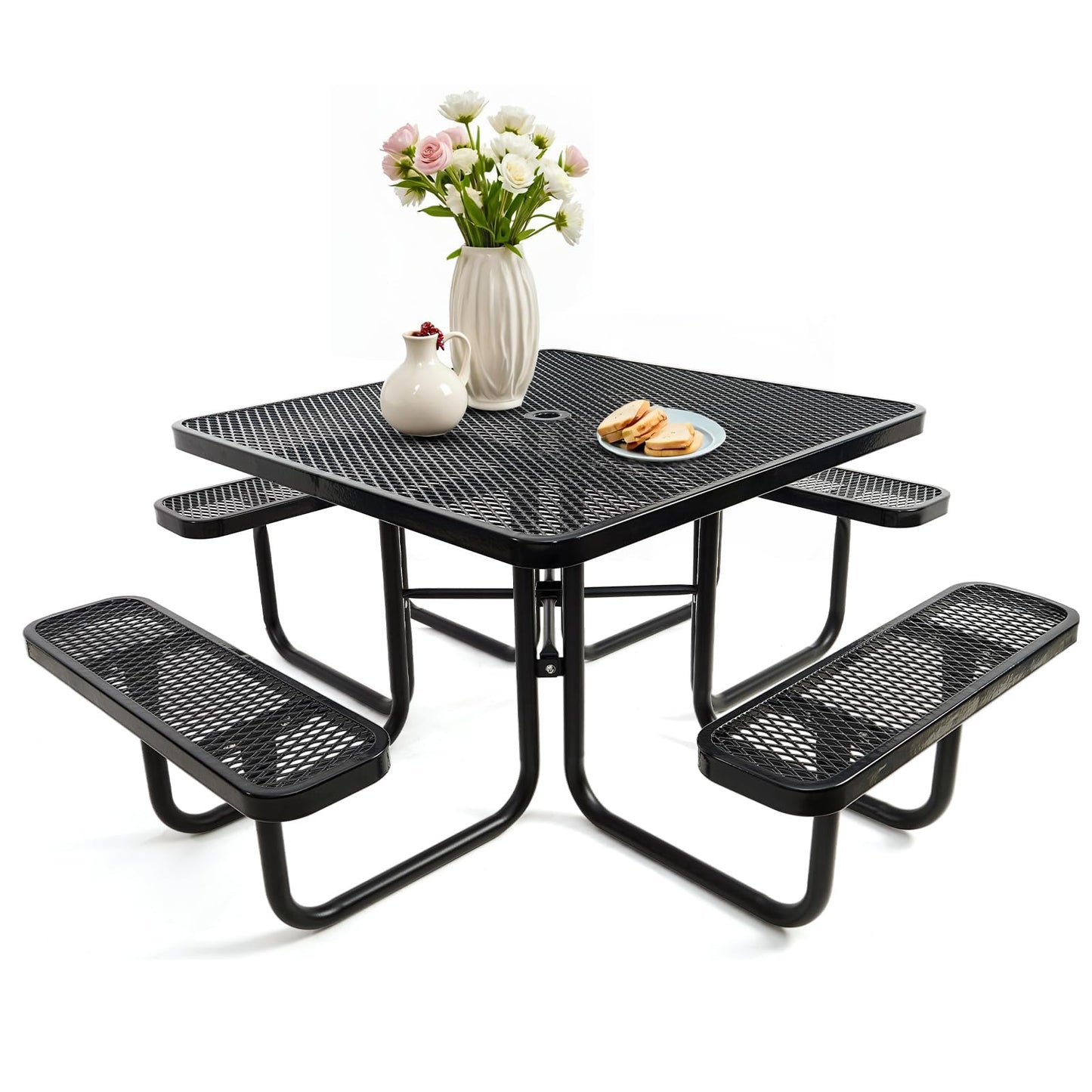 Jinrrenyi 46IN Square Metal Picnic Table Set with Umbrella Hole and Benches for Outdoor, Expanded Heavy Duty Metal Commercial Grade Patio Dining Furniture for Yard Patio Lawn Party Coffee, Black