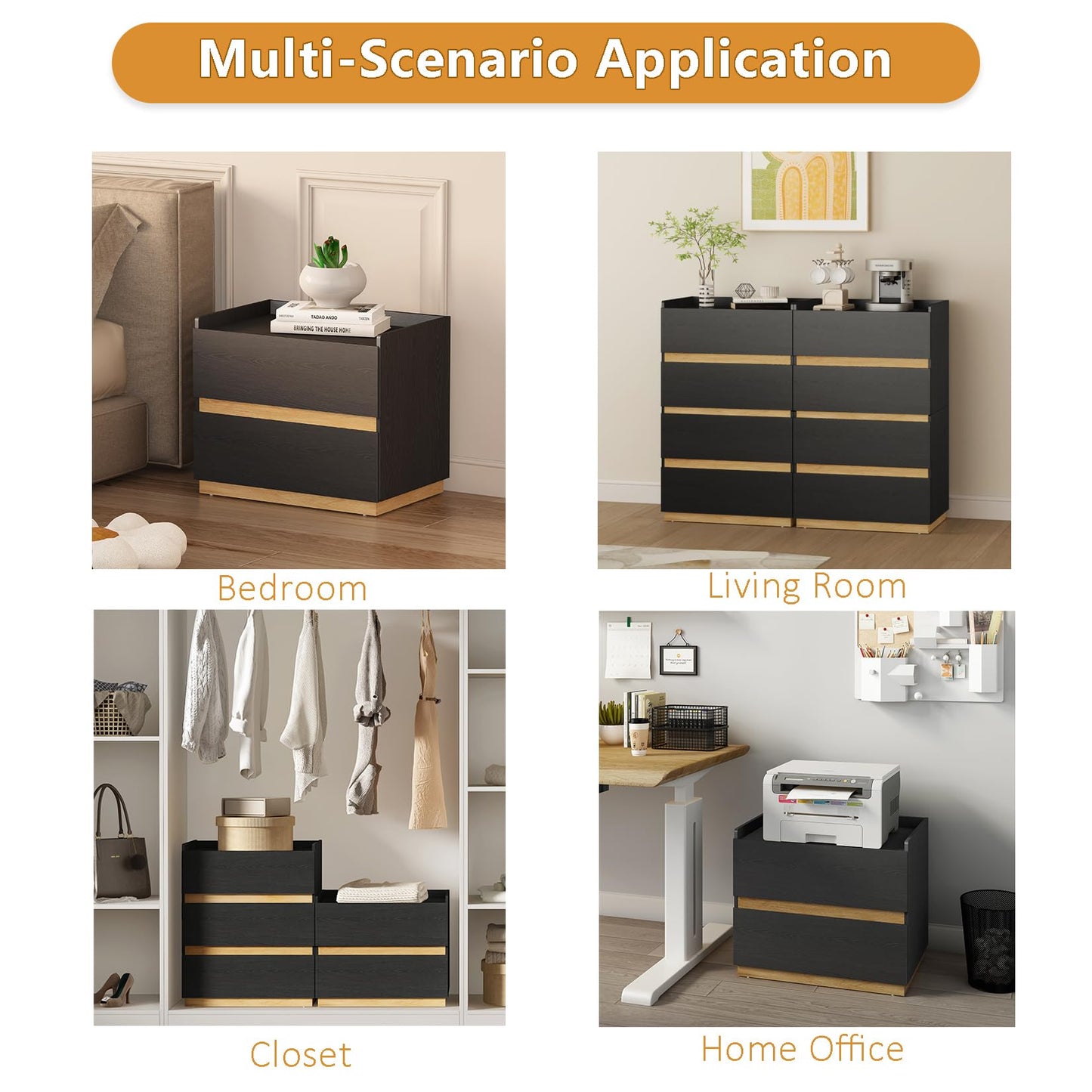 DAELIFKER Large Modern Nightstand Black Bedside Table, 2 Drawer Dresser Wood Stackable Storage Drawers for Clothes for Closet, Bedroom, 24"x16"x20"