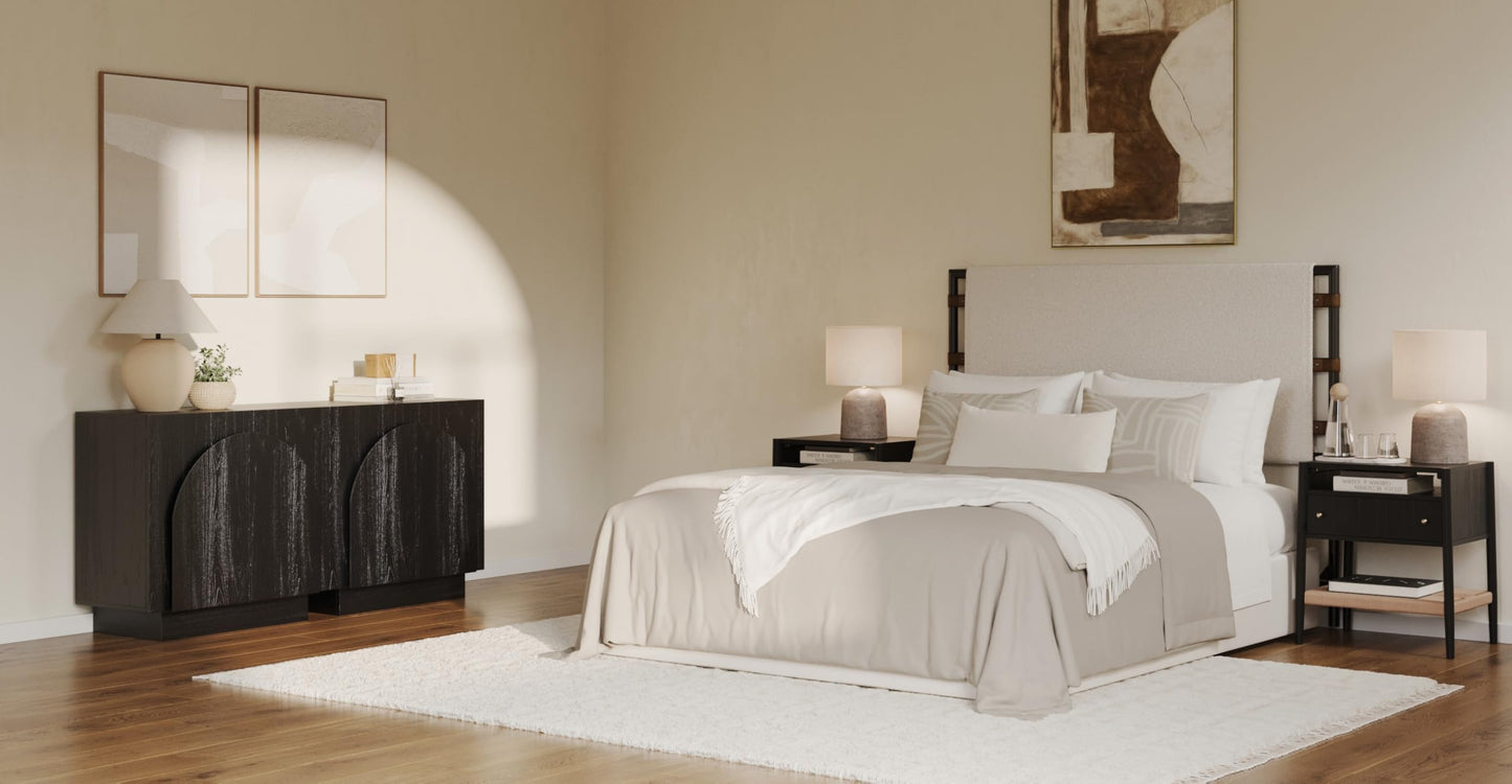 Nathan James Meads Wood Nightstand with Drawer, Vintage Nightstand with Seagrass Storage and Brass Handles, Black Oak