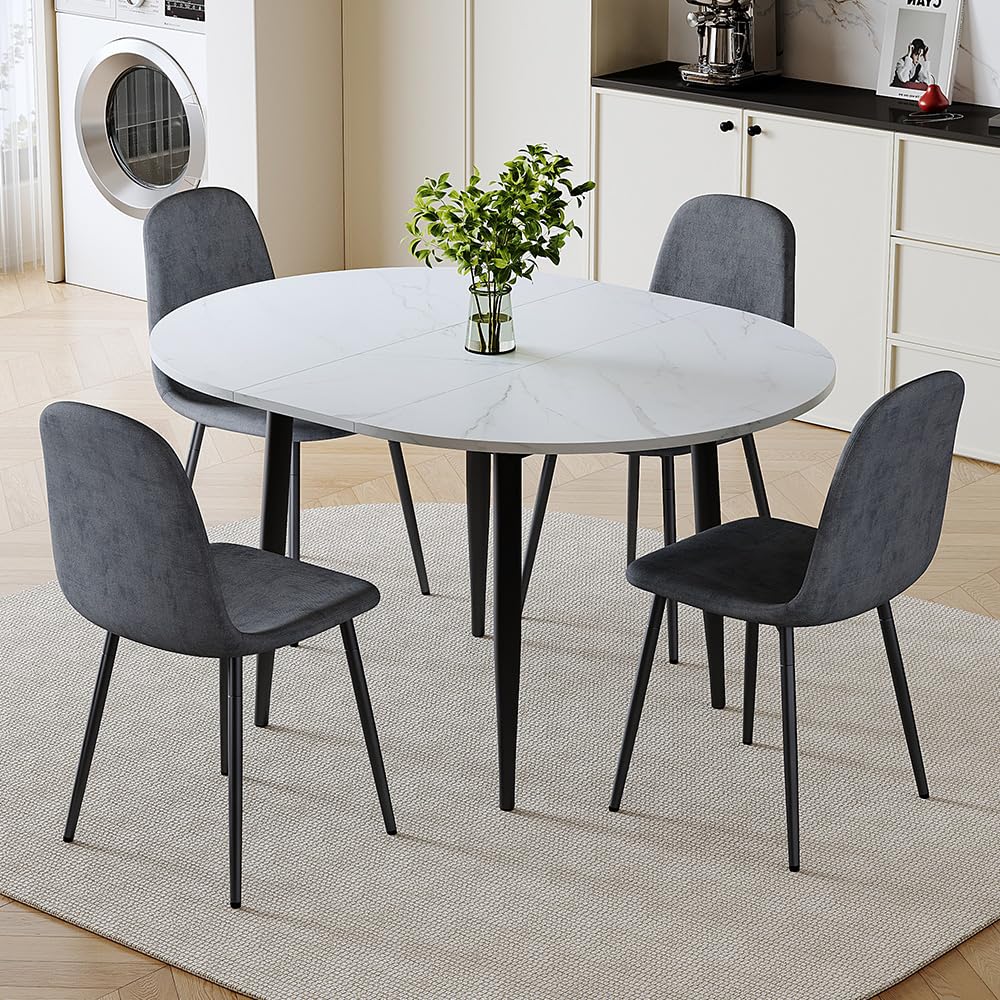 FURNITO Round Dining Table Set for 4, 42"-54" Extendable Dining Room Table Set for 4, White Kitchen Table and Upholstered Chairs Set of 4, 5 Piece Dining Table Set for Small Spaces, Easy Assembly