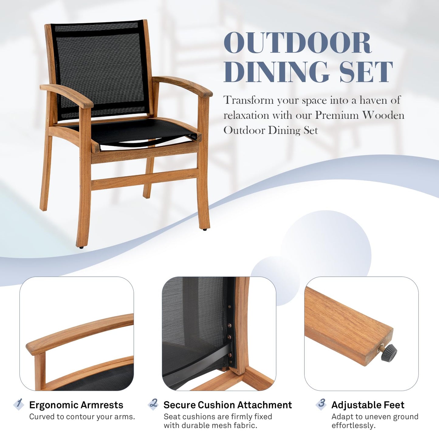 OC Orange-Casual Patio Furniture Set, Acacia Wood Patio Dining Set for 6-8, Outdoor Expandable Table and Chairs Set with Umbrella Hole and Breathable Textilene Fabric for Garden (Black, 5 Pieces)