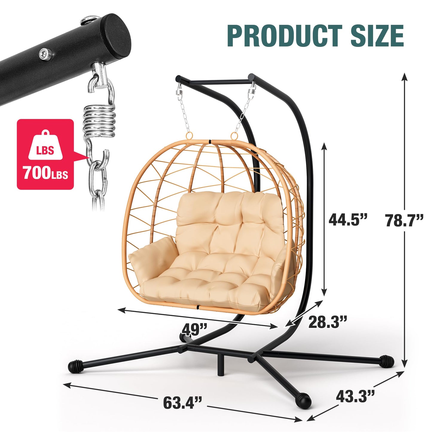 Pamapic Double Egg Chair wth Stand, 700 LBS Loveseat Rattan Swing Chair, UV Resistant Cushions with Armrests and Headrest, Thick Steel Frame Hammock Swing for Outdoor, Patio, Indoor(Beige)