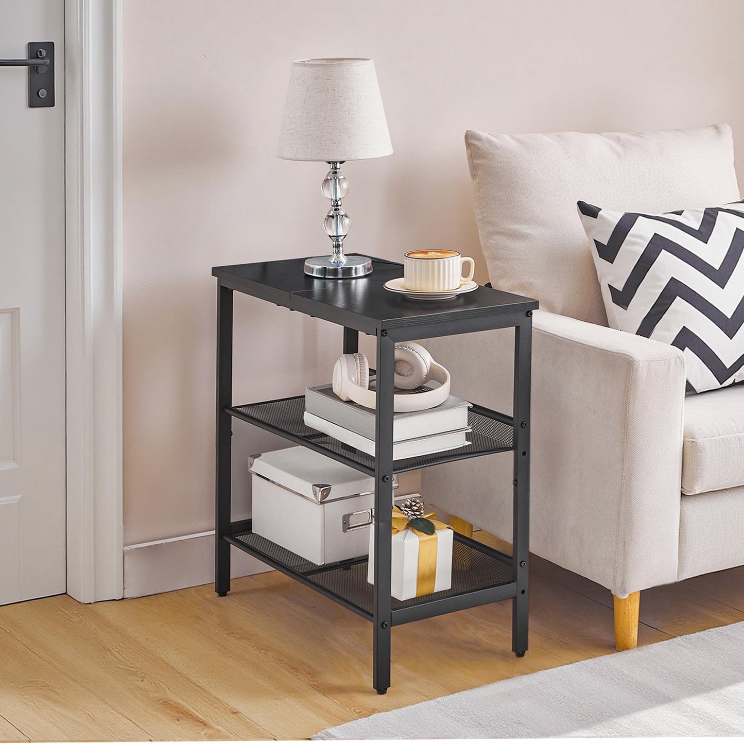 HOOBRO Black Side Table, 3-Tier Metal Side Table, Small Black Table with 2 Flat or Slant Adjustable Shelves for Small Spaces, Hallway, Living Room, Bedroom, Sturdy, Easy Assembly, Black BB23BZ01G1