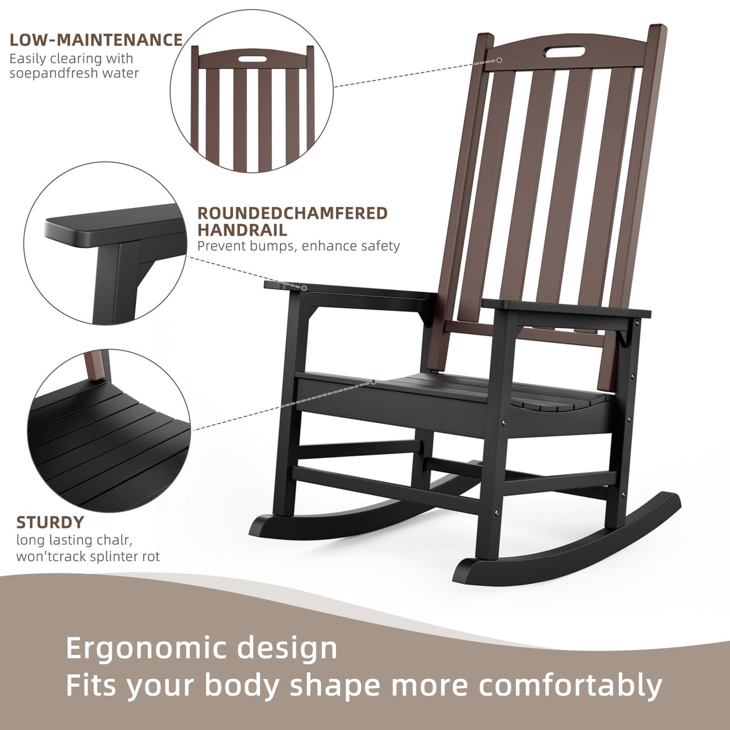Outdoor Rocking Chair, All Weather Patio Rocking Chair, HDPE Poly Rocking Chair for Adults, Heavy Duty Front Porch Rocker, Brown