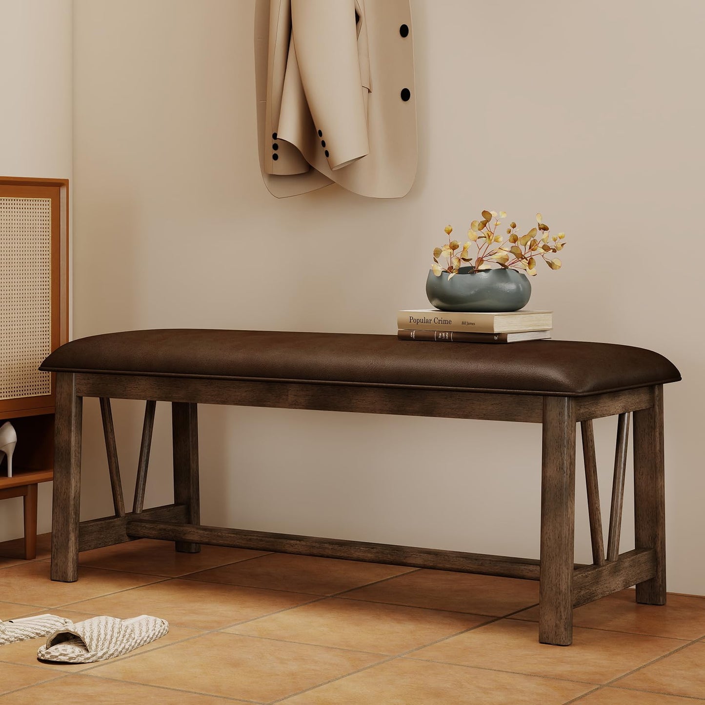 Kmax Entryway Bench, Upholstered Dining Bench with Solid Wood Legs Farmhouse Window Bench Rustic Bench Seat for Living Room Hallway Kitchen - PU, Brown