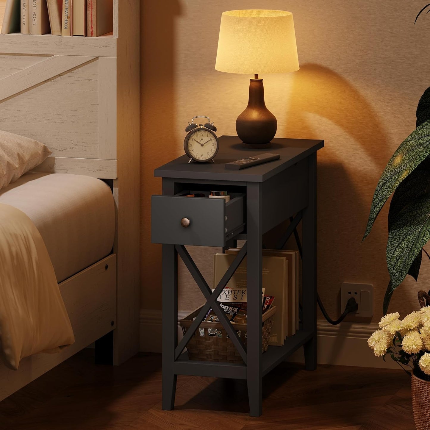 ChooChoo End Table Set of 2 with Charging Station, Narrow End Table with USB Ports and Outlets, Small Side Table Nightstand with Drawer for Living Room, Bedroom, Black