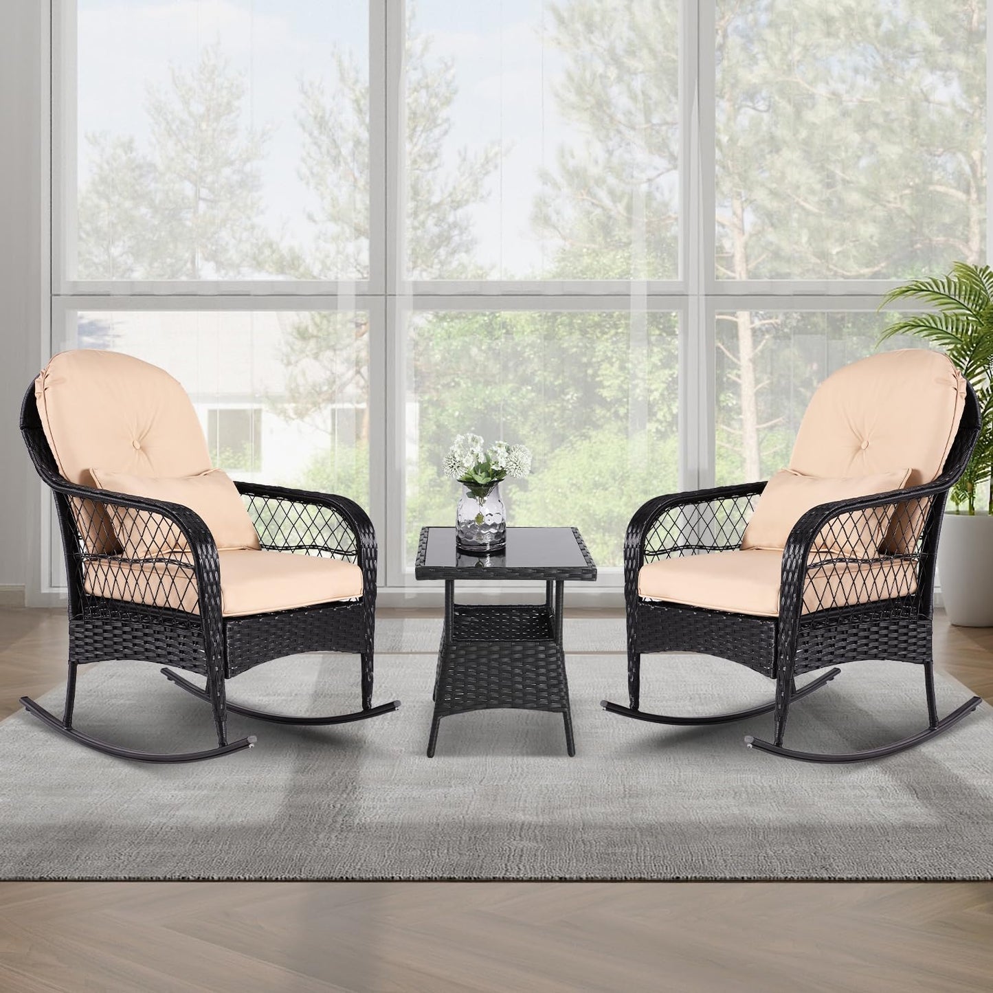 Outdoor Wicker Rocking Chair, PE Rattan Rocker with Seat Back Cushions & Waist Pillow, All- Weather Wicker Furniture for Porch, Backyard, Poolside, Deck (Wicker Chair(1 PC Khaki))
