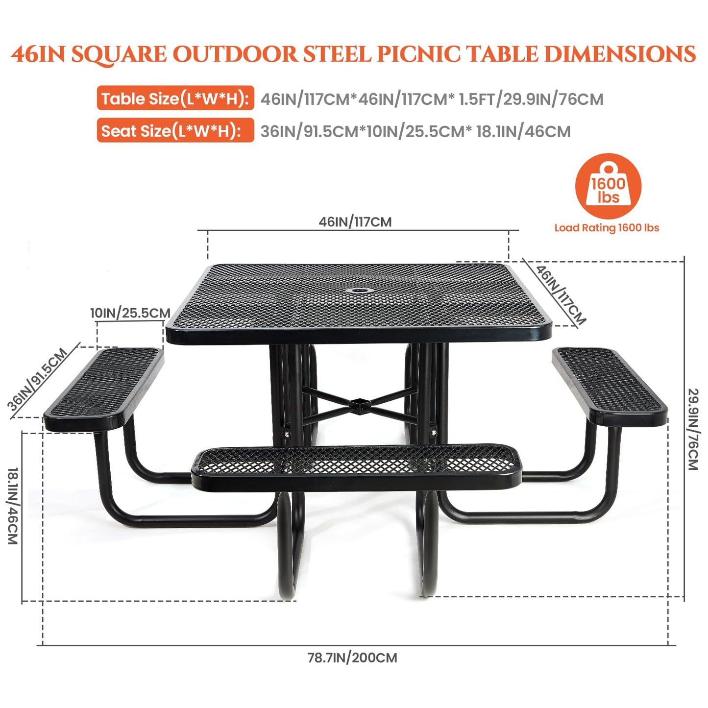 Jinrrenyi 46IN Square Metal Picnic Table Set with Umbrella Hole and Benches for Outdoor, Expanded Heavy Duty Metal Commercial Grade Patio Dining Furniture for Yard Patio Lawn Party Coffee, Black