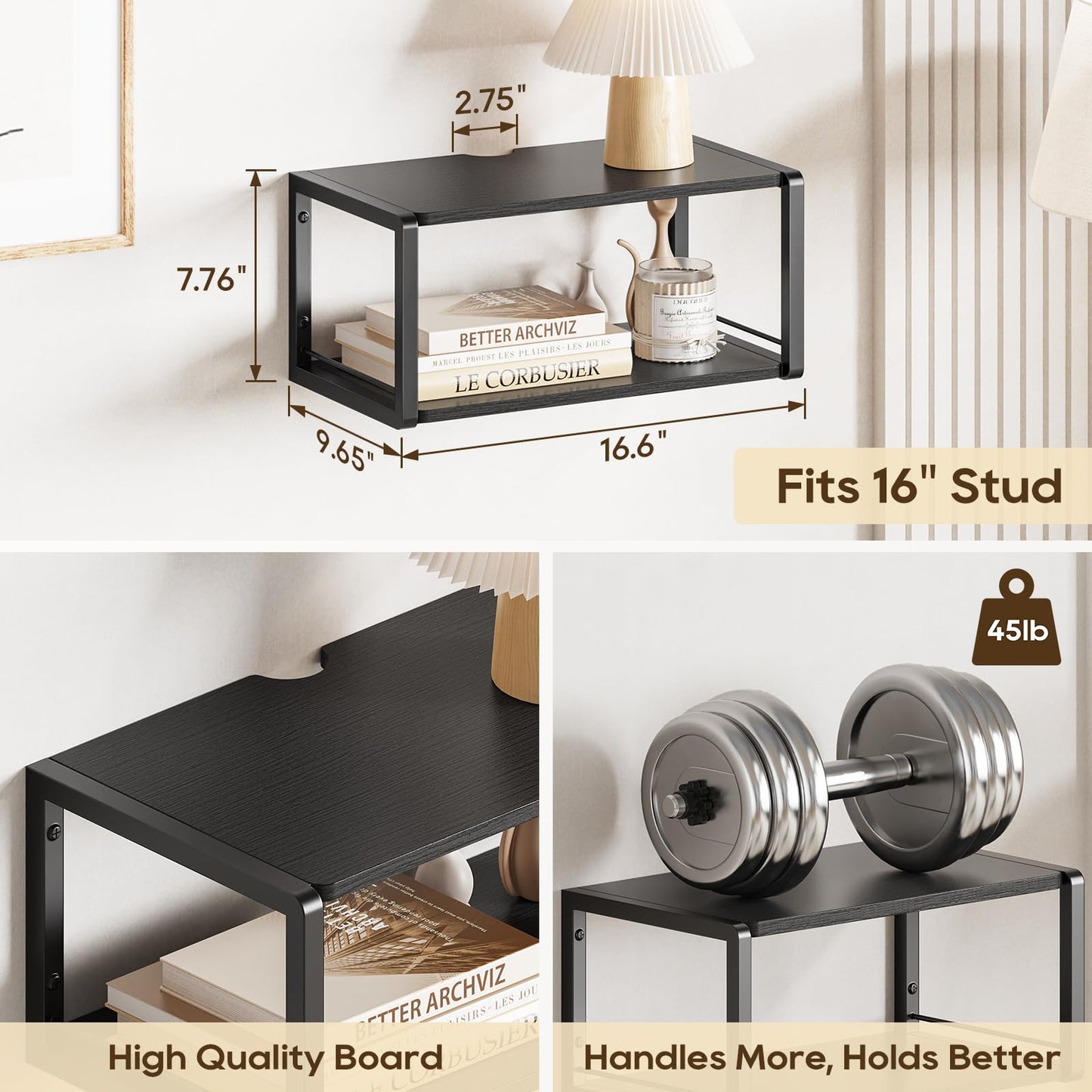 NANAGIFTREE Floating Nightstand, Wood Bedside Shelf Wall Mounted Nightstand with Heavy-Duty Frame, Floating Bedside Table for Bedroom, Bathroom, Kitchen, (Vintage Black, 1 Pack)