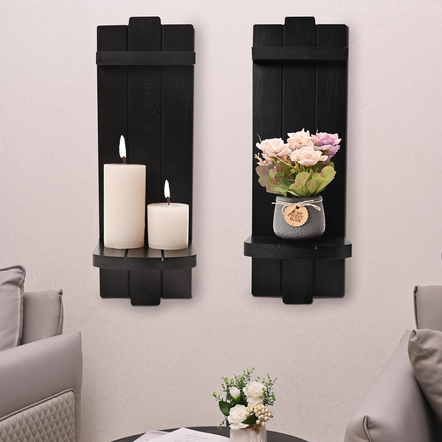 Yorkmills Sconces Wall Decor Set of 2, Large Wall Candle Holder Rustic Farmhouse Decor, Home Wall Art Floating Candle Sconce Shelf Black Wall Decoration for Living Room, Dining Room, Bedroom, Bathroom