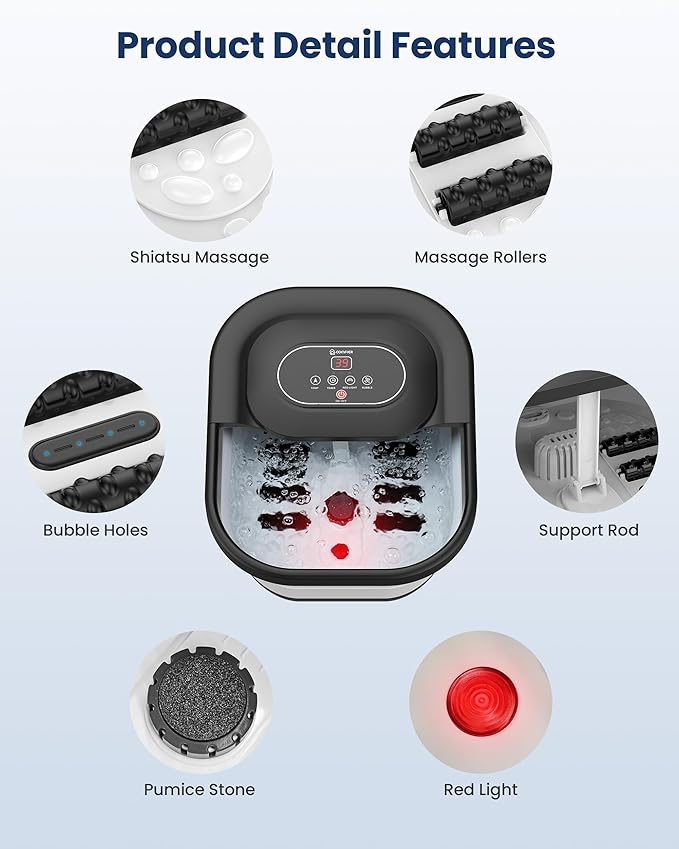 COMFIER Collapsible Foot Spa Bath Massager with Heat, Pedicure Foot Spa with Bubbles, Red Light, Pumice Stone and Shiatsu Massage Rollers, Heated Bath Spa for Relaxation and Stress Relief (Black)