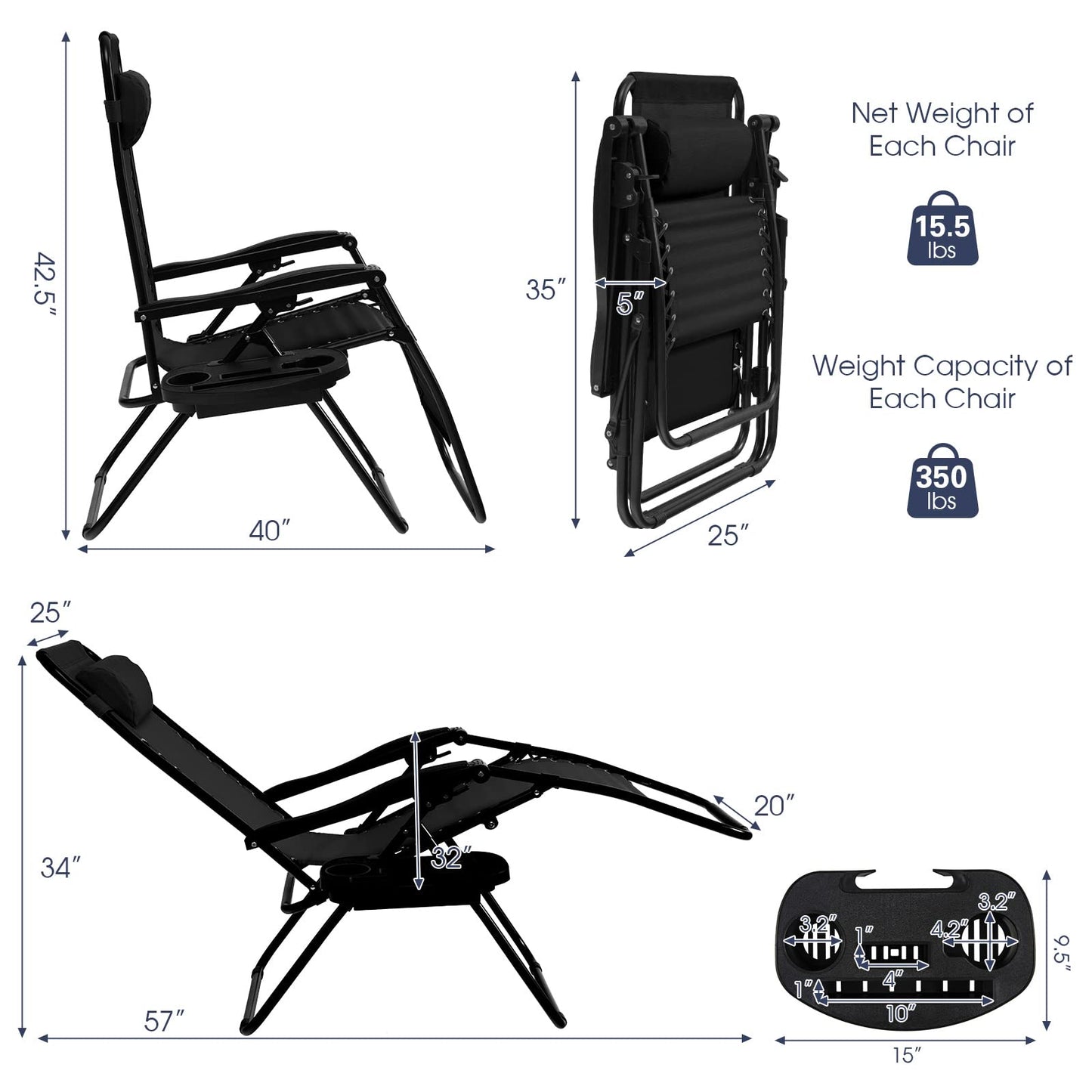 Goplus Zero Gravity Lounge Chairs, 160°Adjustable Folding Recliner w/Pillow and Cup Holder, 350LBS Comfy Outdoor Lounge Chairs for Patio, Lawn, Yard & Camp(Set of 2, Black)