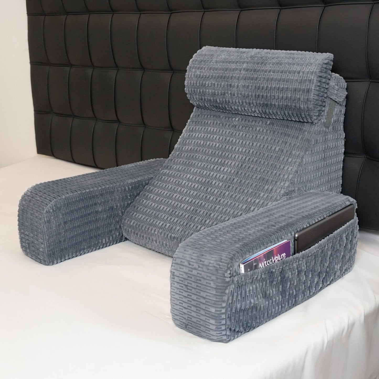 Selectico Reading Pillow for Bed, 19" Back Pillow for Bed Sitting up, Big Pockets & Built-in Arms, Backrest Cushion, Wedge Support for Reclining/Reading/Resting/Watching TV, Washable Cover, Grey