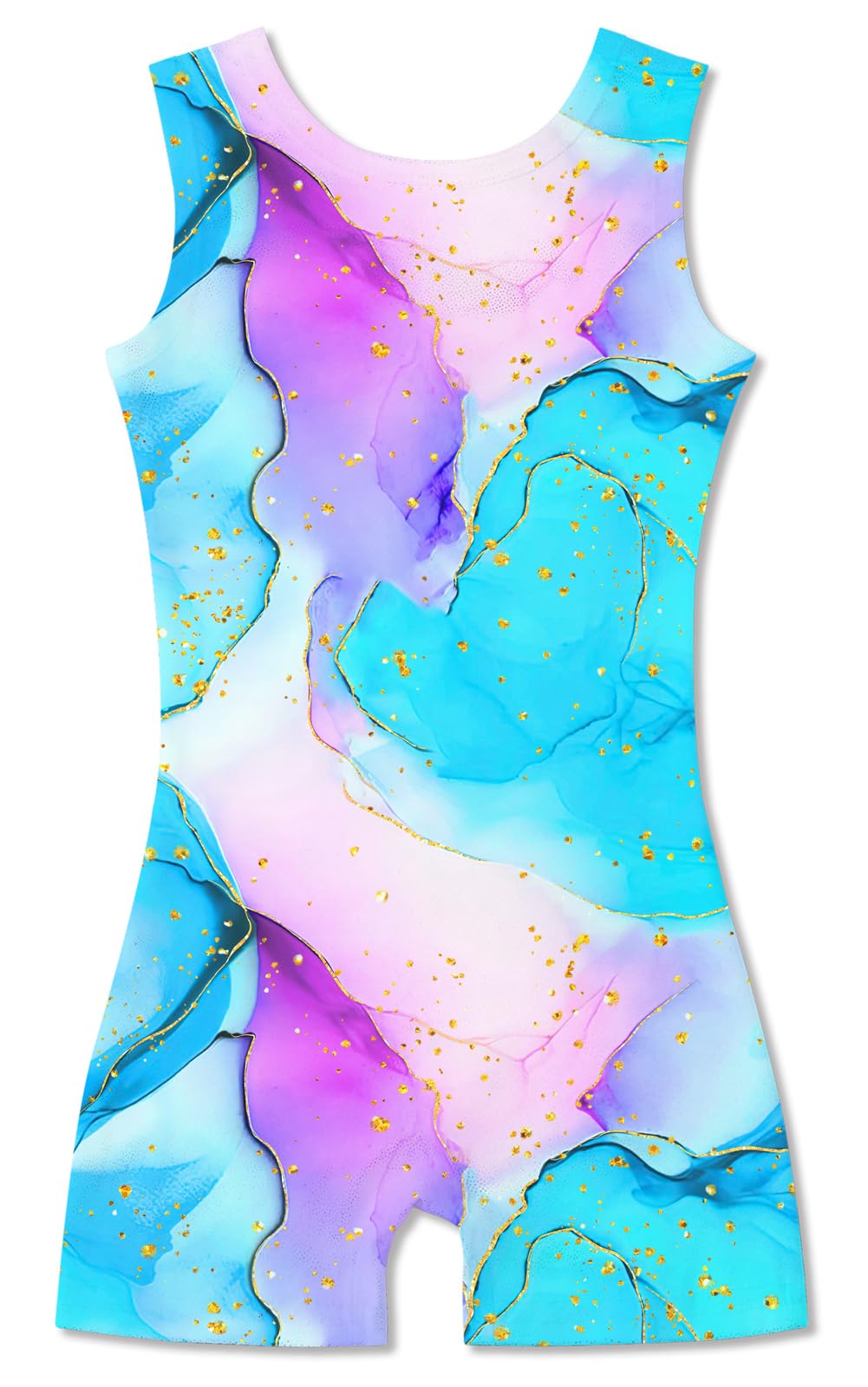 Funnycokid Gymnastics Leotards for Girls Dance Outfits Unitard Sparkly Clothes with Shorts, Blue Purple 1, 5-6 Years