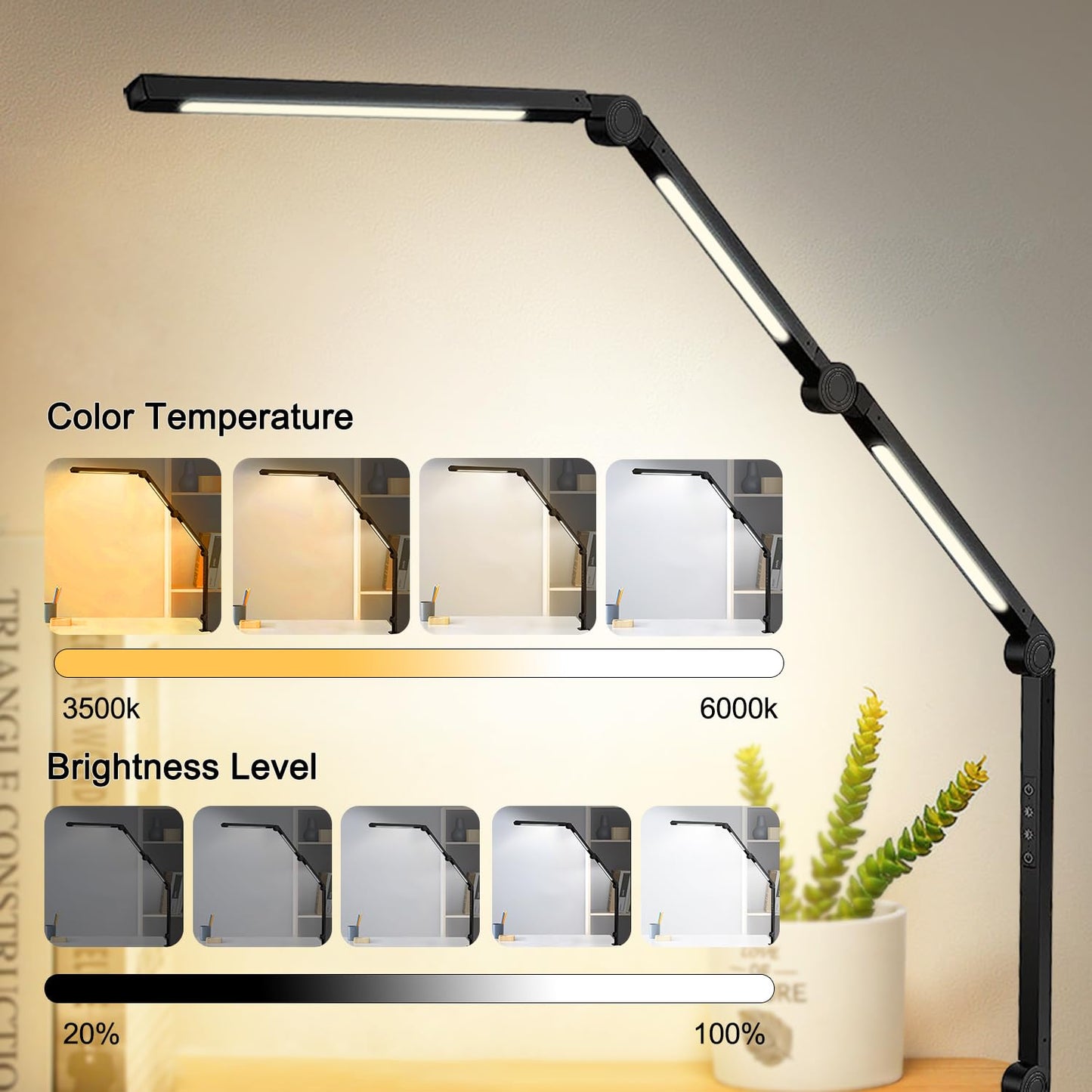 Vimeepro LED Desk Lamp with Clamp & Flexible Arm - 3 Light Sources, 4 Color Modes & 5 Brightness Levels, Eye-Caring Table Light with Memory Function