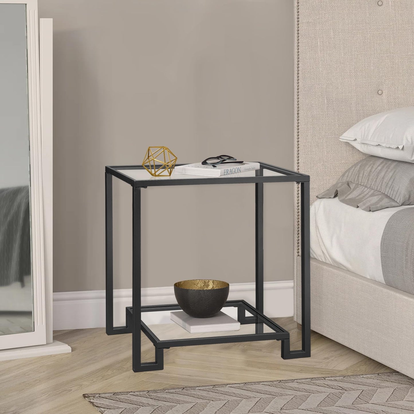 GIFTTROVE 2 Tier Rectangular Side Table, Black End Table with Glass Top, Modern Metal Clear Coffee Tables，Small Accent Tables for Living Room, Bedroom, 22" x 12.4" x 24"
