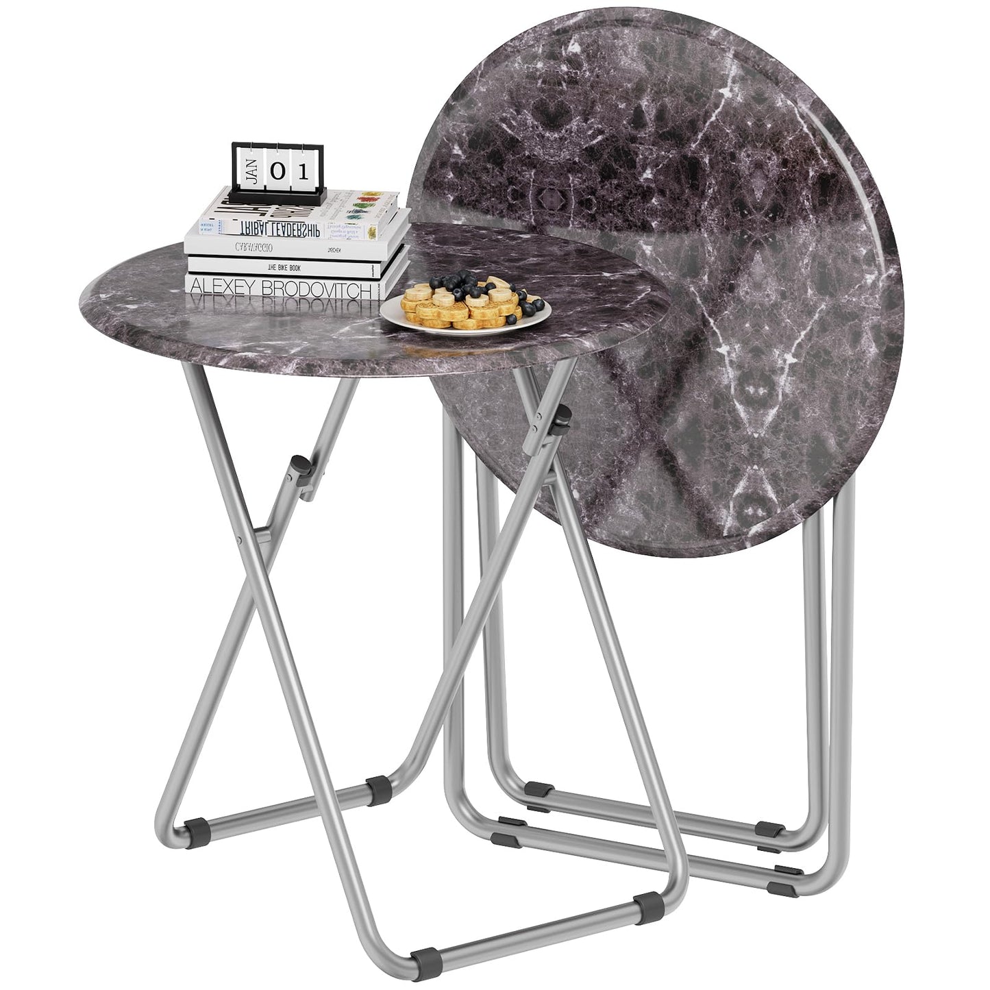 Fleecy day TV Tray Table, Portable TV Dinner Table for Eating, Small Foldable Round Table, TV Side Trays Table Set of 2, Snack Table for Couch, Living Room, Outdoor, Small Space (Black Marble, 2Pcs)