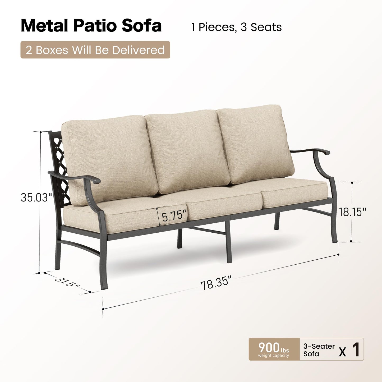 SUNSHINE VALLEY Metal Patio Furniture Sofa with 5.75" Super-Thick Waterproof Cushion, 3-Seater Deep Seating & High-Back Outdoor Couch for Patio Backyard Deck Front Porch