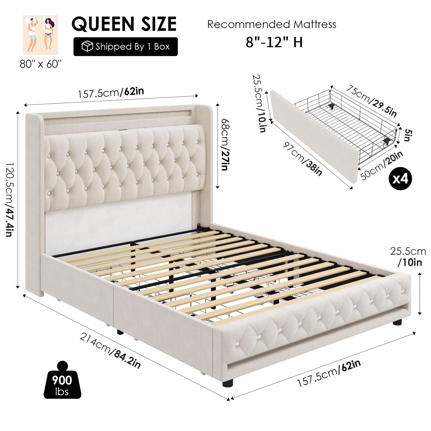 HIFIT Queen LED Bed Frame with Charging Station and 4 Storage Drawers, Velvet Upholstered Platform Bed with Handcrafted Crystal Button Wingback Headboard, Metal Frame with No Box Spring Needed, Beige