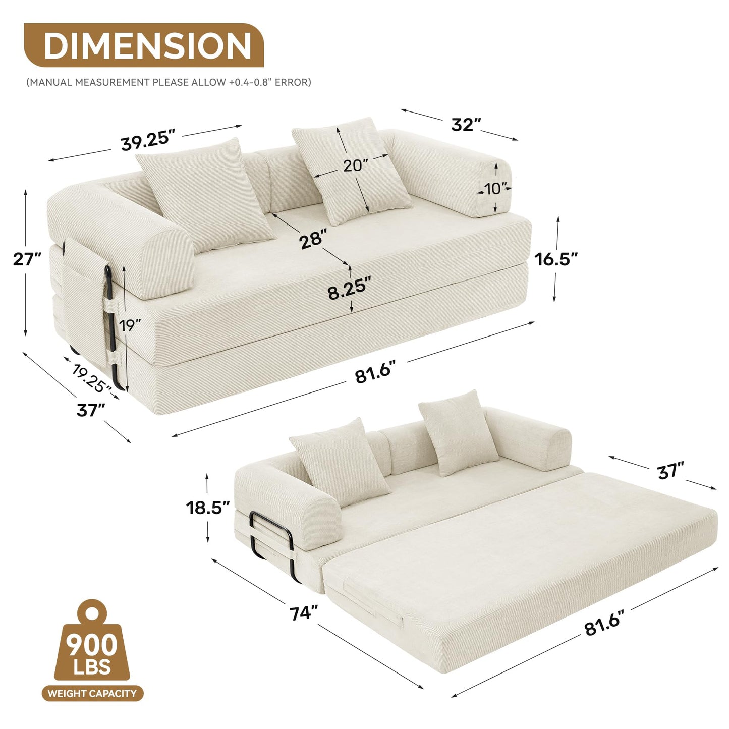 Convertible Corduroy Sleeper Sofa Bed with Cylindrical Pillows,Convertible Mattress Sofa with Fixed Shape Frame, Living Room Bedroom Lounge Studio Use Floor Sofa Lounge,Beige