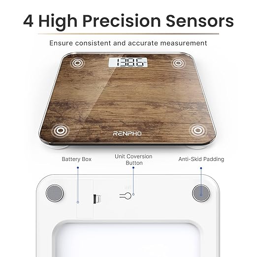 RENPHO Digital Bathroom Scale, Highly Accurate Body Weight Scale with Lighted LED Display, Round Corner Design, 400 lb, Core 1S, Wooden